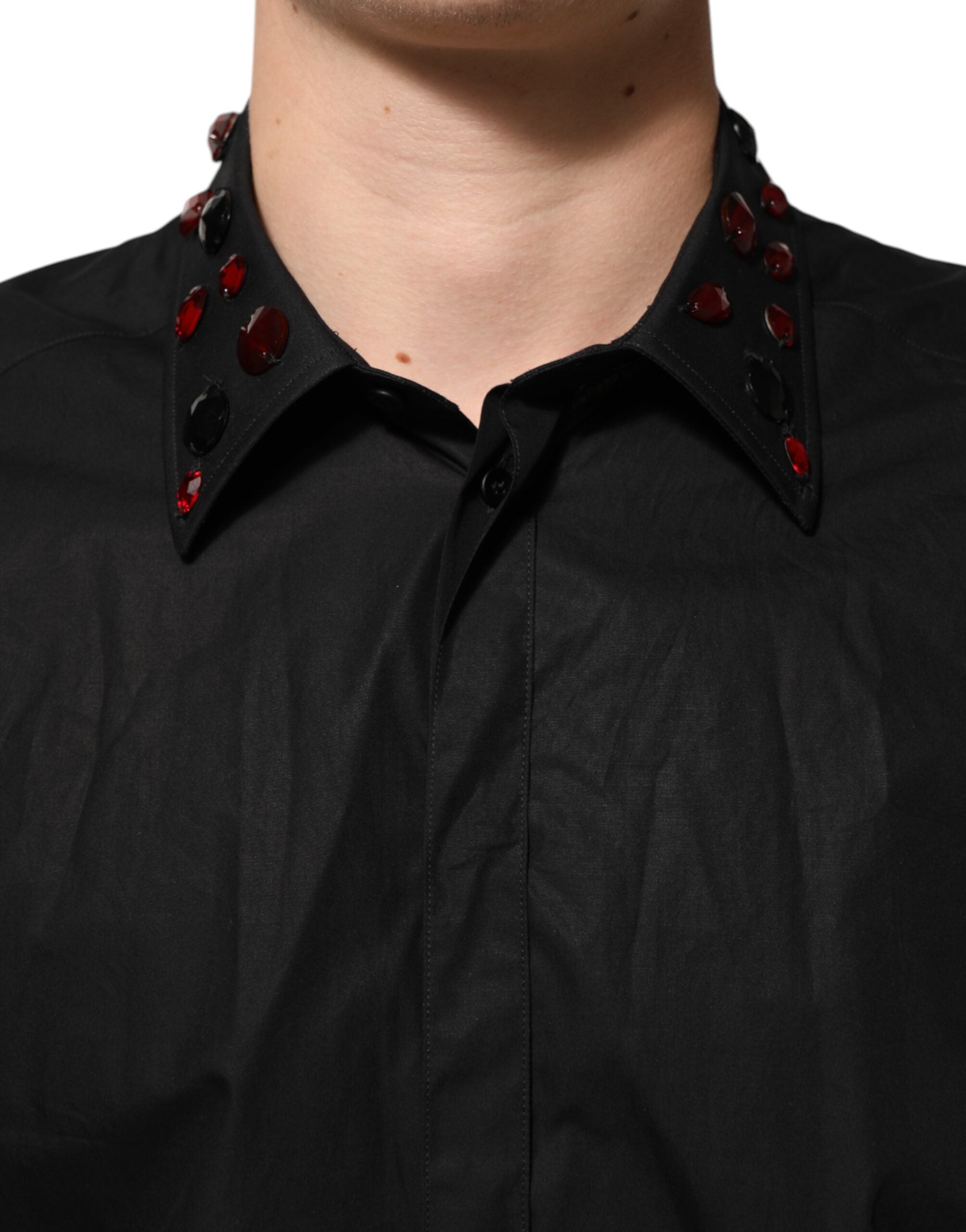 Dolce & Gabbana Schwarzes Baumwollhemd für Herren mit verziertem Kragen