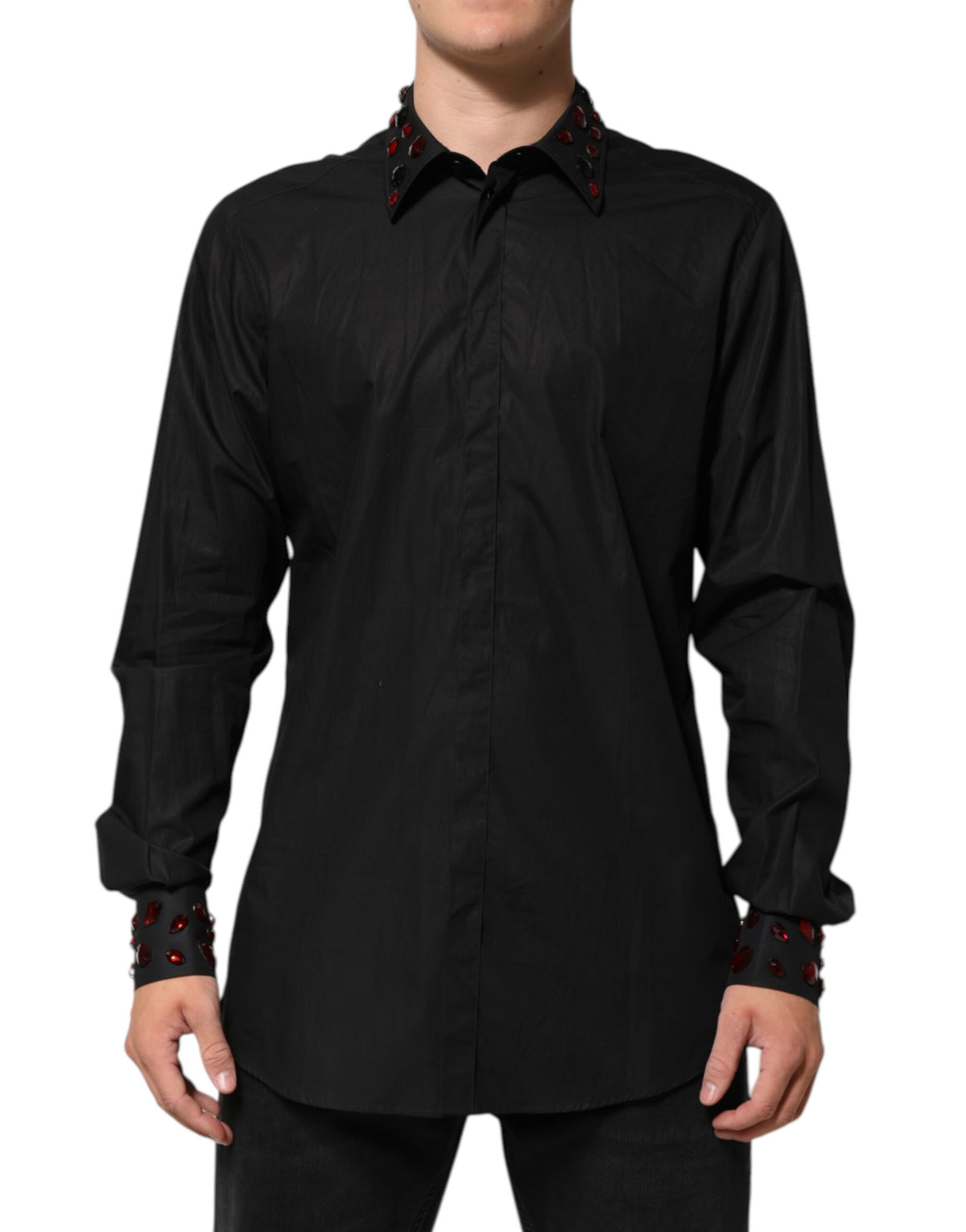 Dolce & Gabbana Schwarzes Baumwollhemd für Herren mit verziertem Kragen