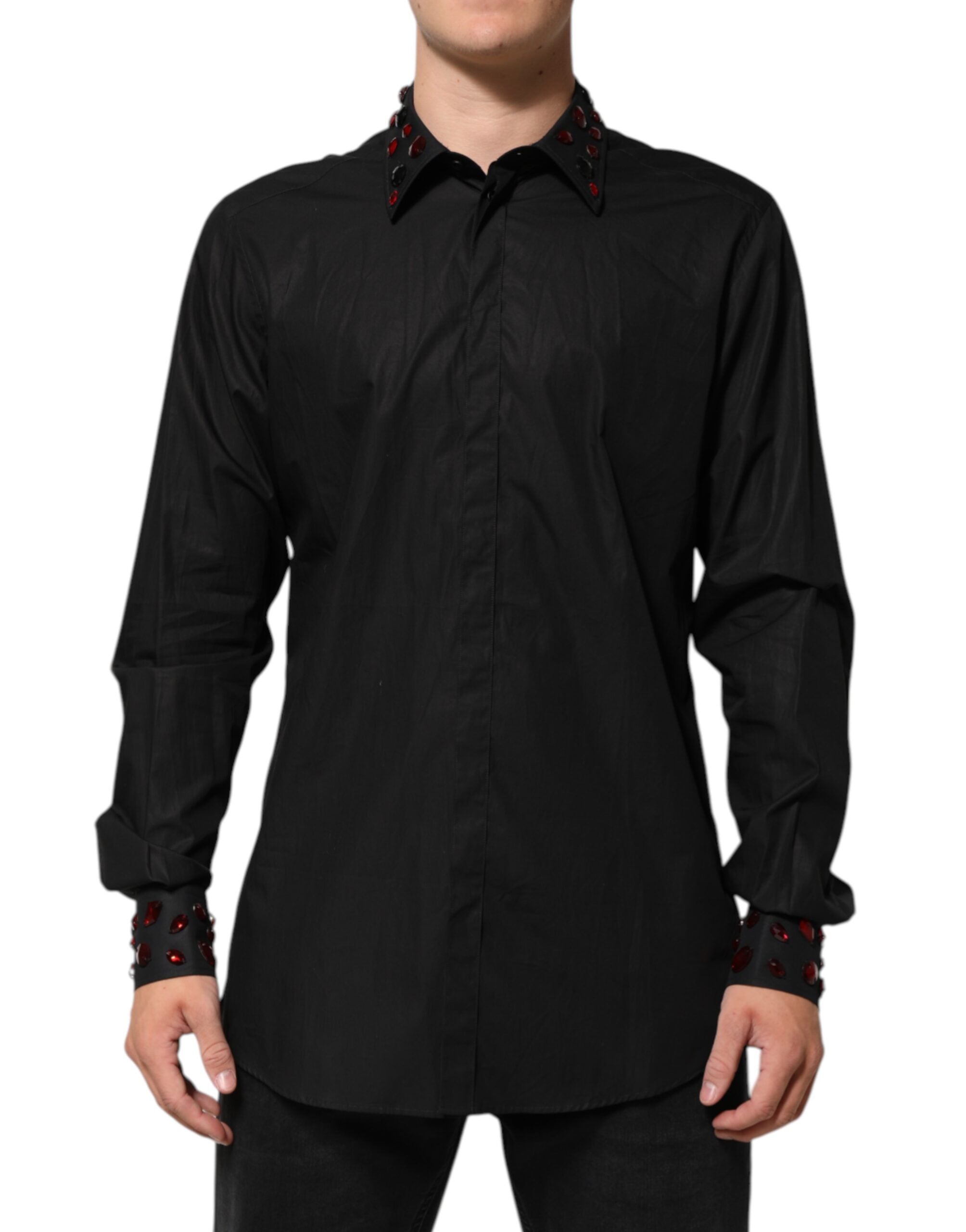 Dolce & Gabbana Schwarzes Baumwollhemd für Herren mit verziertem Kragen
