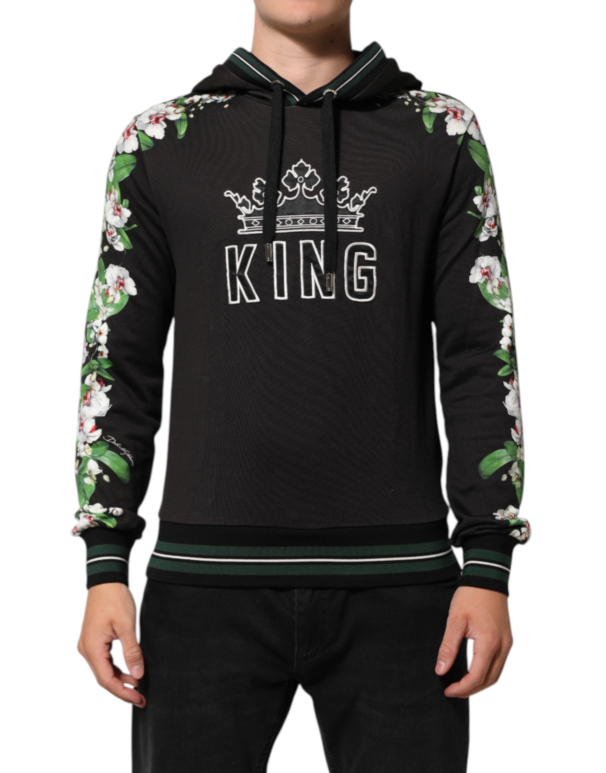 Dolce & Gabbana KING Schwarzer Orchideen-Blumenkronen-Logo-Kapuzenpullover
