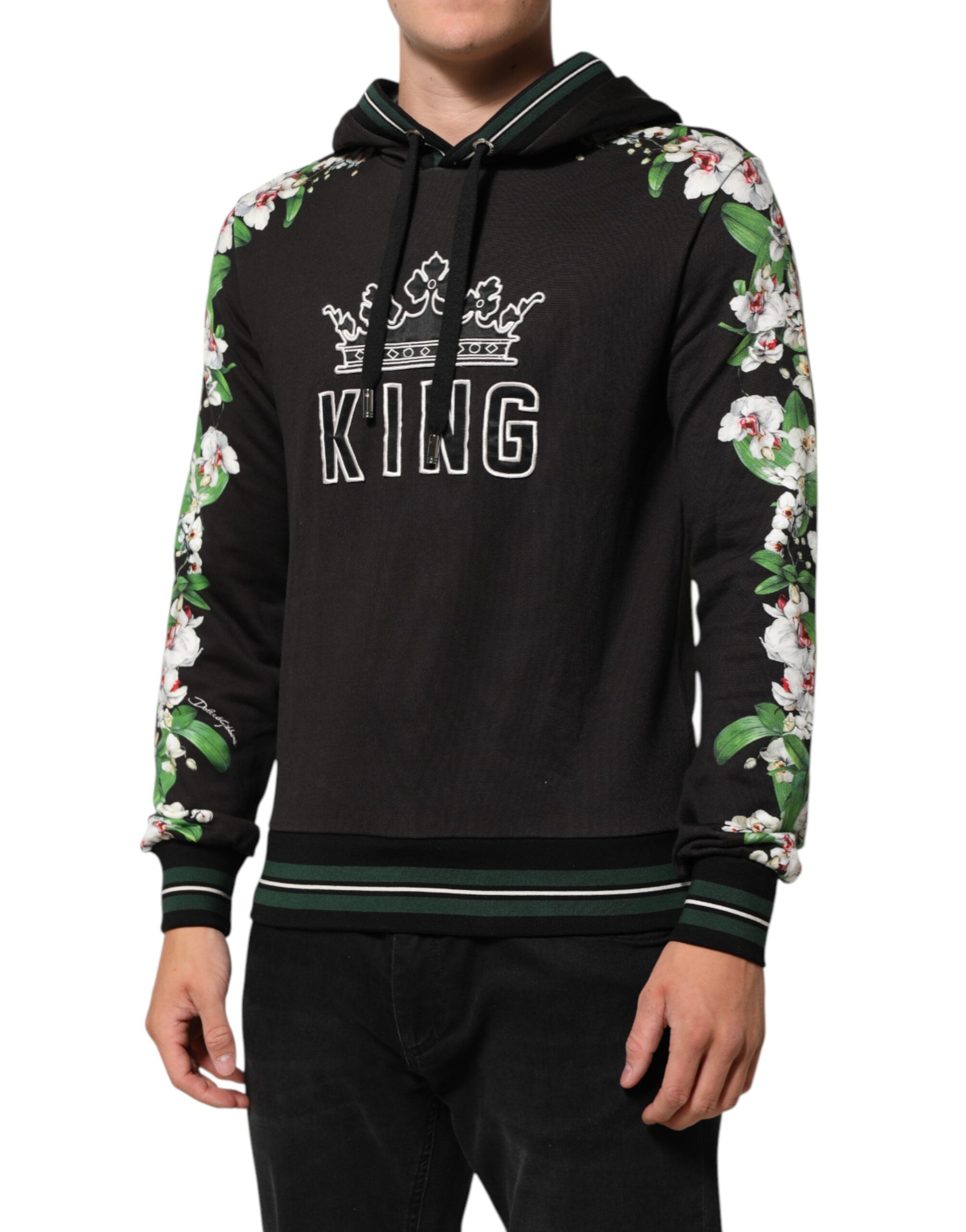Dolce & Gabbana KING Schwarzer Orchideen-Blumenkronen-Logo-Kapuzenpullover