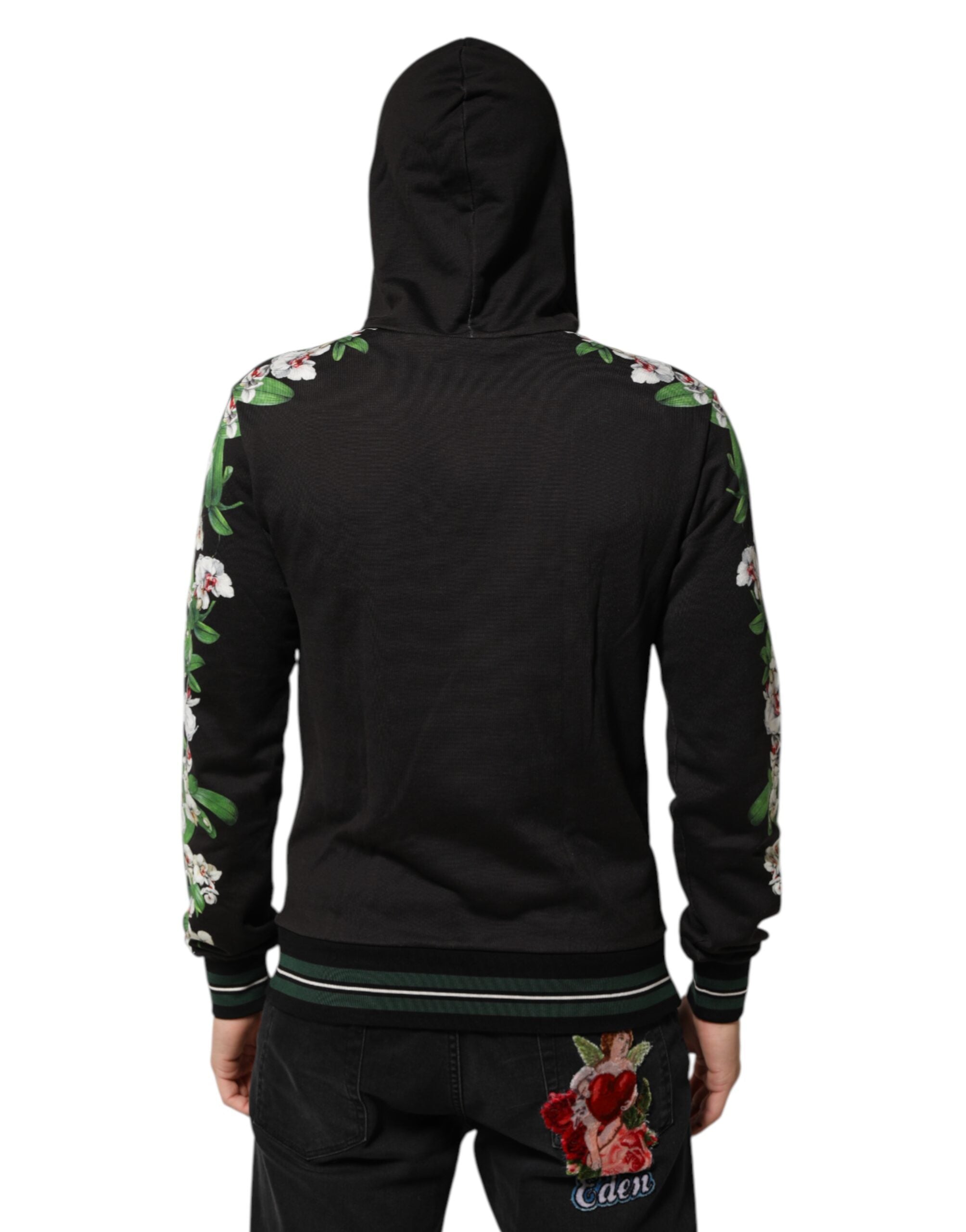 Dolce & Gabbana KING Schwarzer Orchideen-Blumenkronen-Logo-Kapuzenpullover