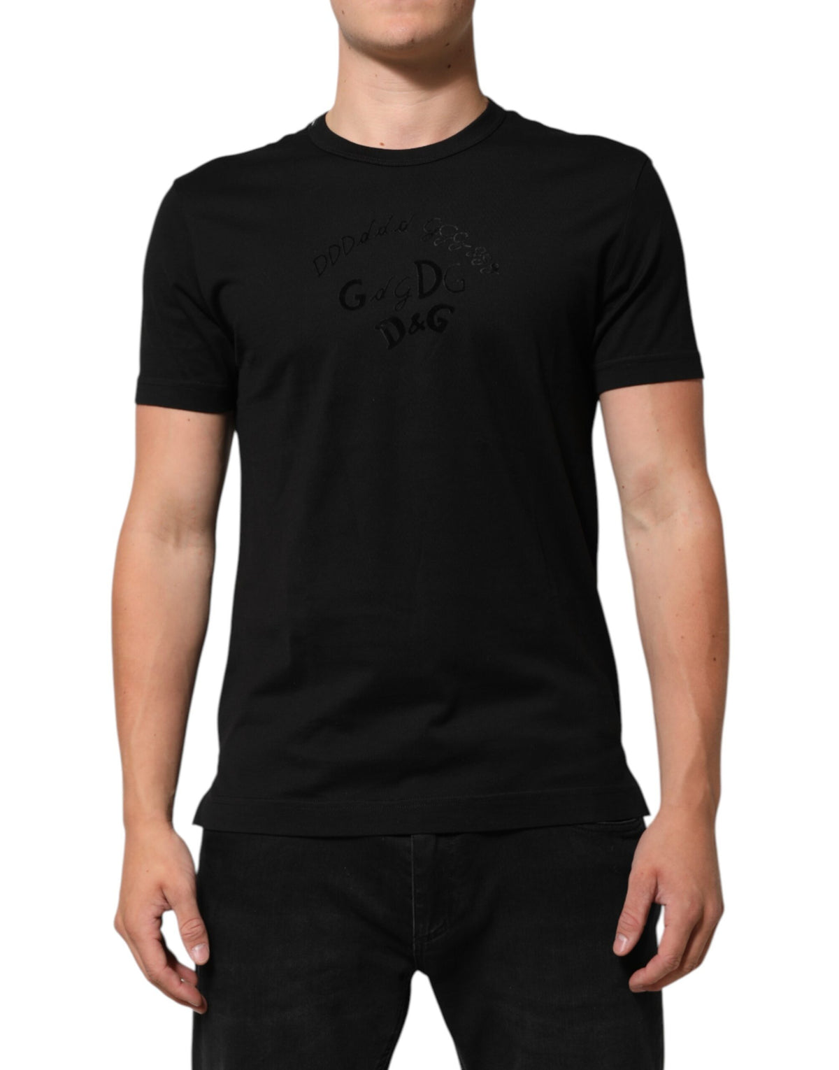 Dolce & Gabbana Schwarzes Herren-T-Shirt aus Baumwoll-Samt mit Logo-Print