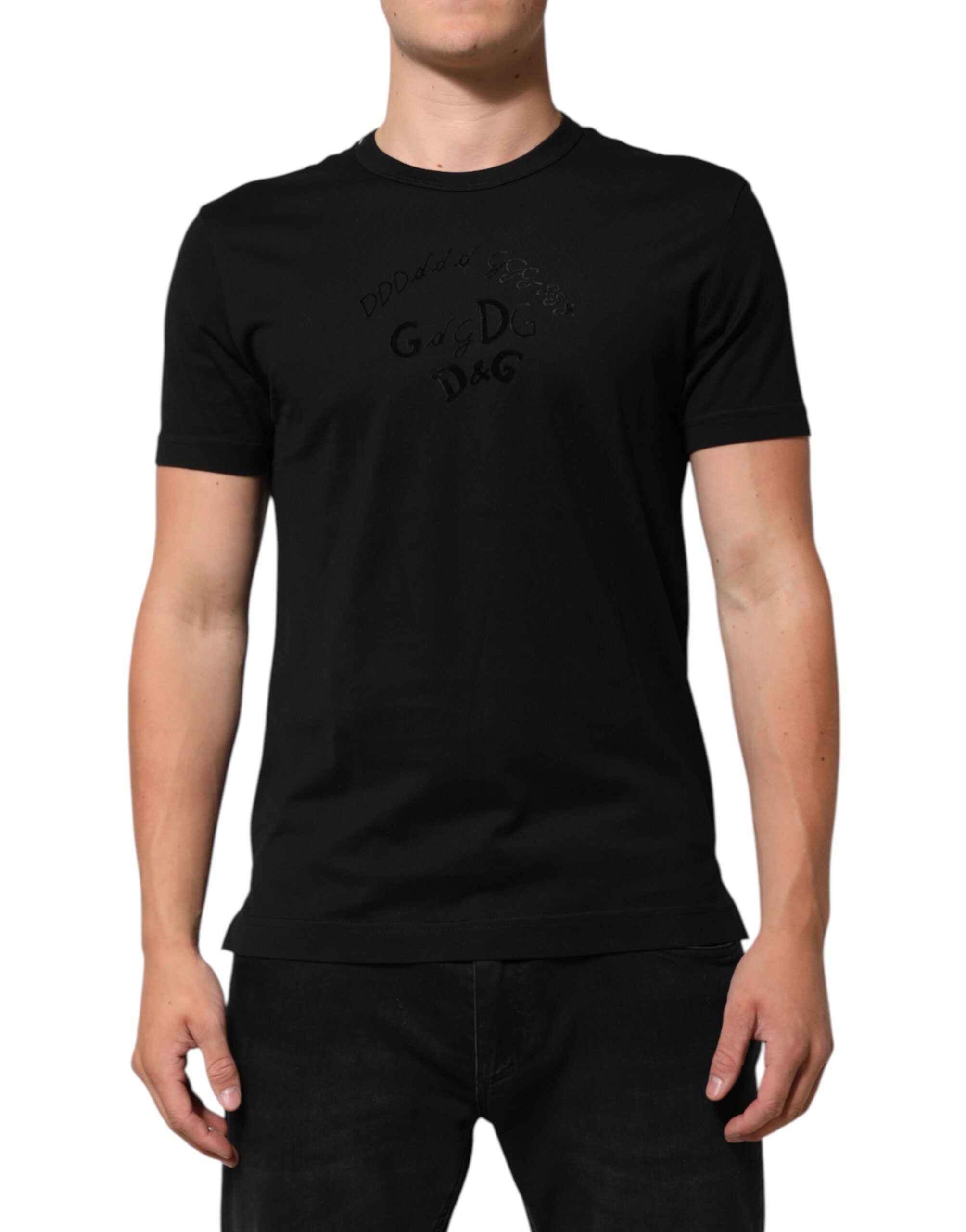 Dolce & Gabbana Schwarzes Herren-T-Shirt aus Baumwoll-Samt mit Logo-Print
