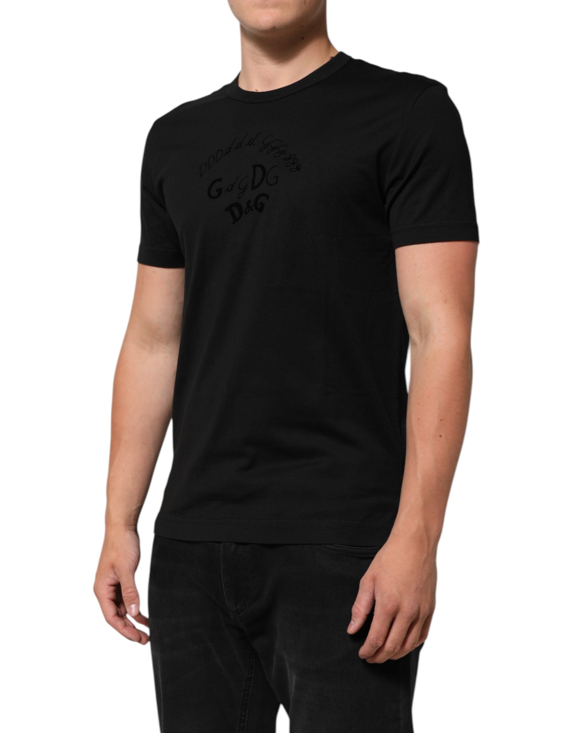 Dolce & Gabbana Schwarzes Herren-T-Shirt aus Baumwoll-Samt mit Logo-Print