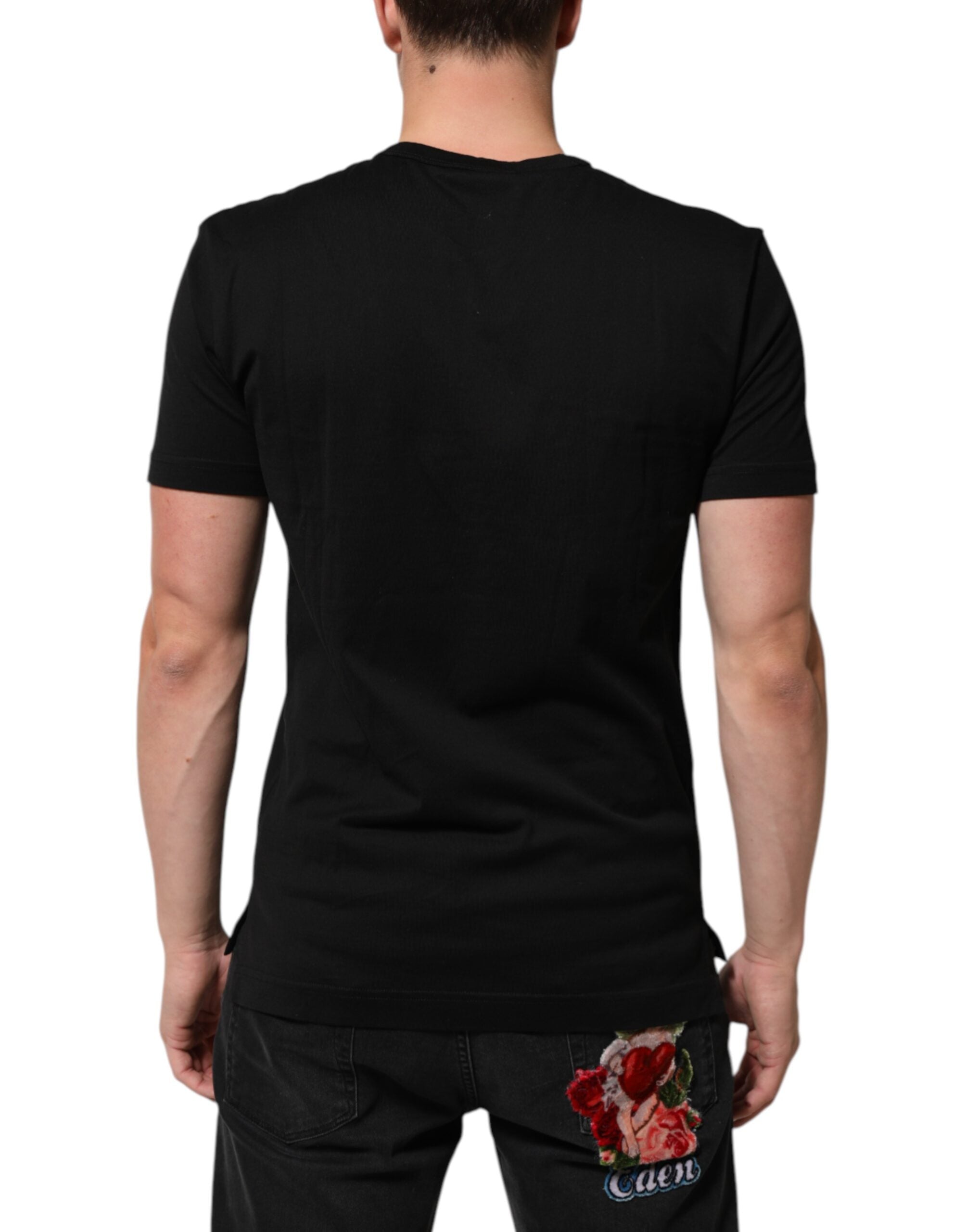 Dolce & Gabbana Schwarzes Herren-T-Shirt aus Baumwoll-Samt mit Logo-Print