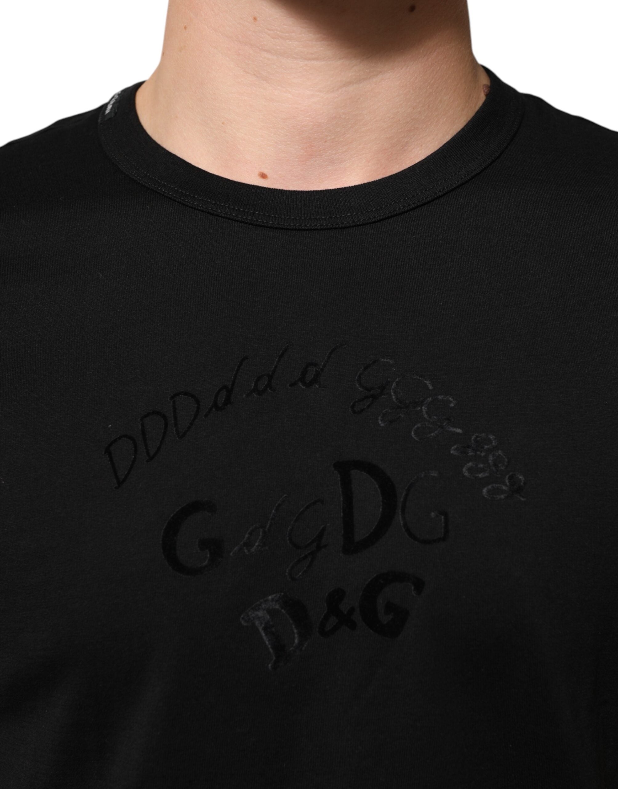 Dolce & Gabbana Schwarzes Herren-T-Shirt aus Baumwoll-Samt mit Logo-Print