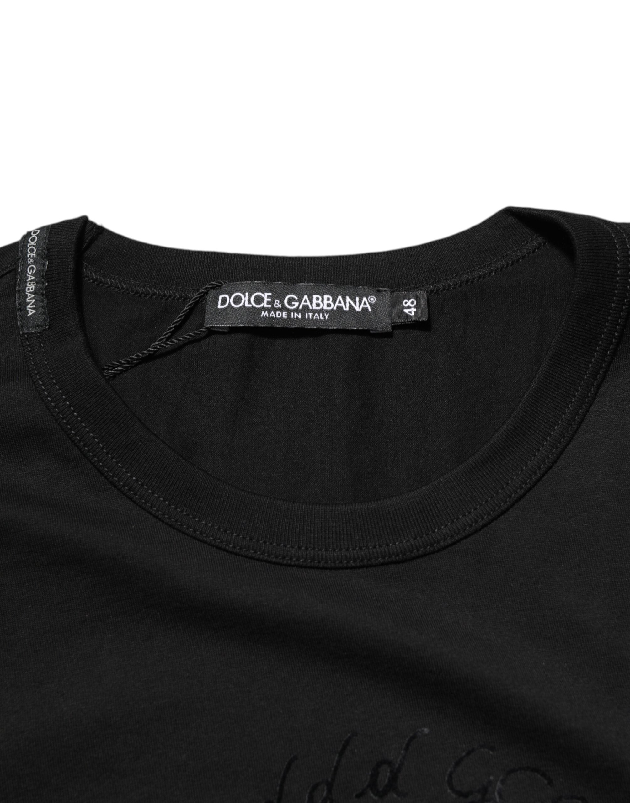 Dolce & Gabbana Schwarzes Herren-T-Shirt aus Baumwoll-Samt mit Logo-Print