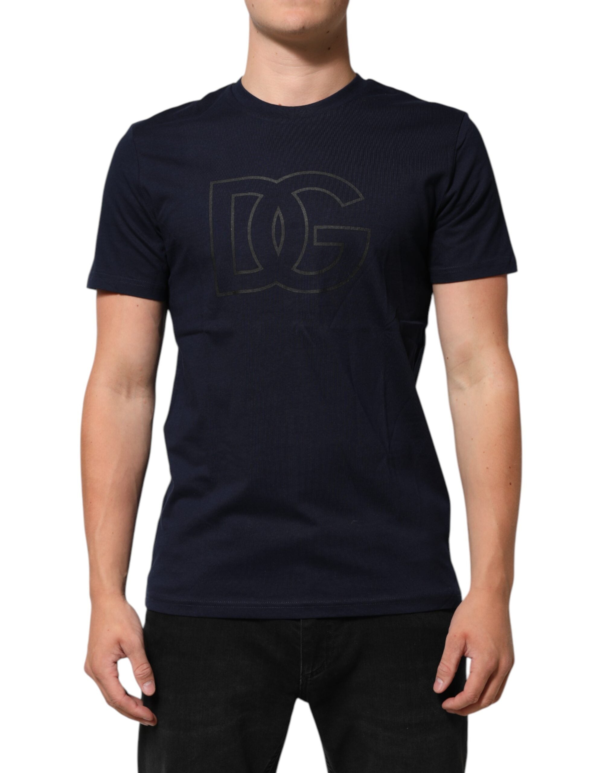 Dolce & Gabbana Dunkelblaues Baumwoll-T-Shirt mit DG-Logo-Print für Herren
