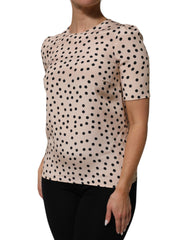 Dolce & Gabbana Beige Zwart Gestippelde Zijden Blouse Met Korte Mouwen
