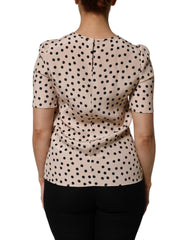 Dolce & Gabbana Beige Zwart Gestippelde Zijden Blouse Met Korte Mouwen