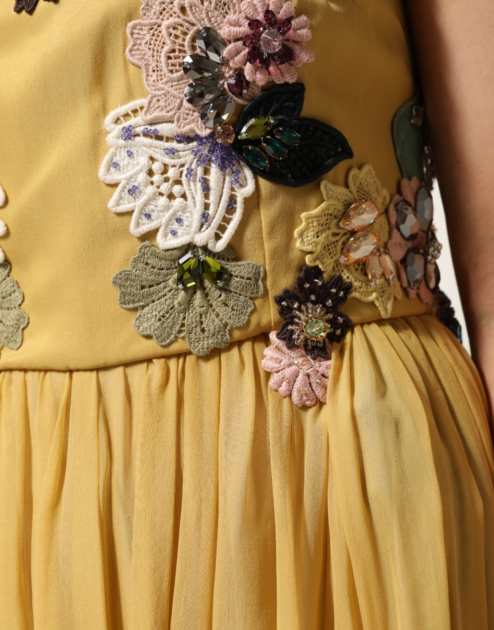 Dolce & Gabbana Gele Zijden Maxi Jurk Met Geborduurde Bloemen