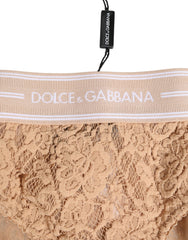 Dolce & Gabbana Beige Lace Brasiliano Höschen mit Logo-Bund Unterwäsche