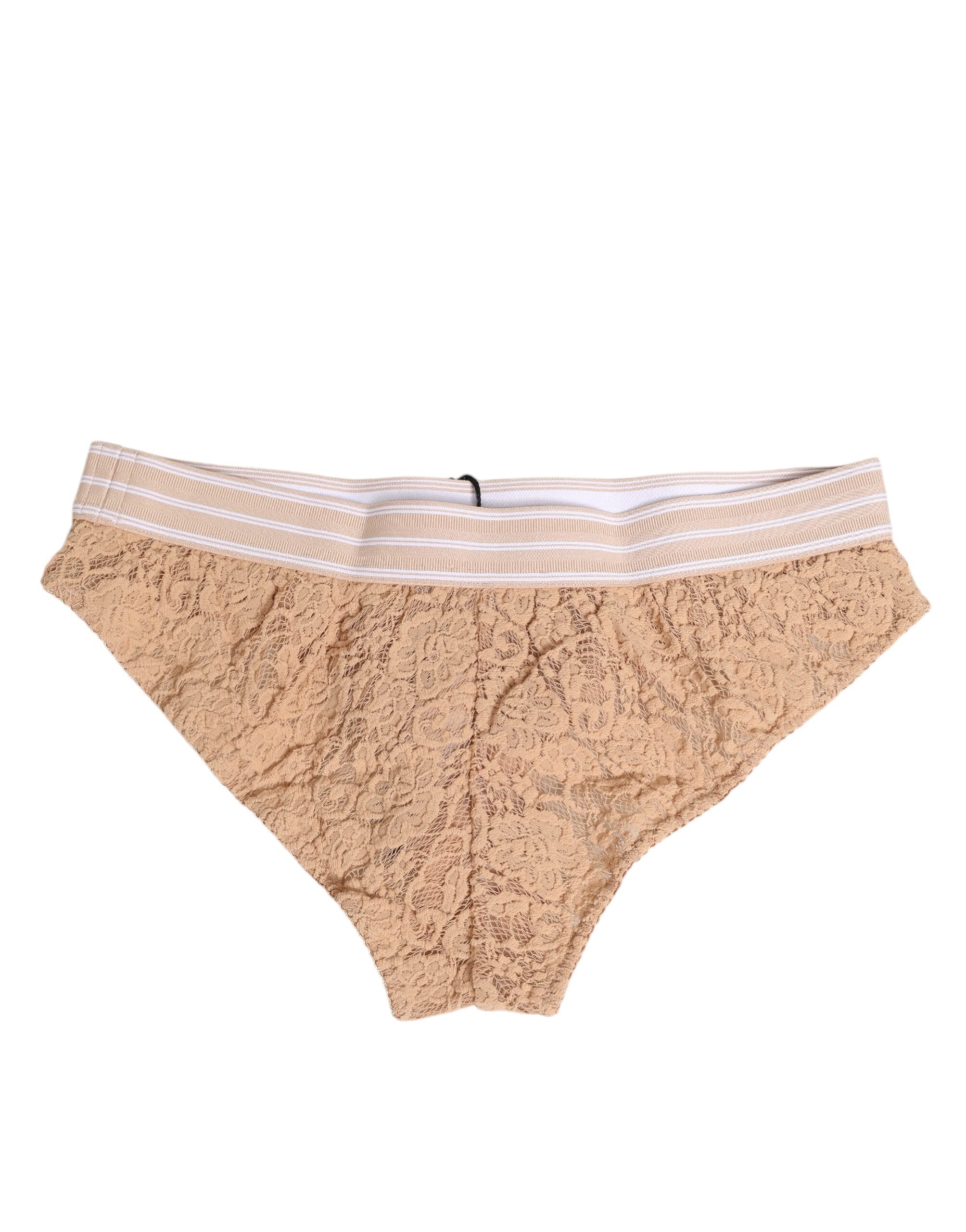 Dolce & Gabbana Beige Lace Brasiliano Höschen mit Logo-Bund Unterwäsche