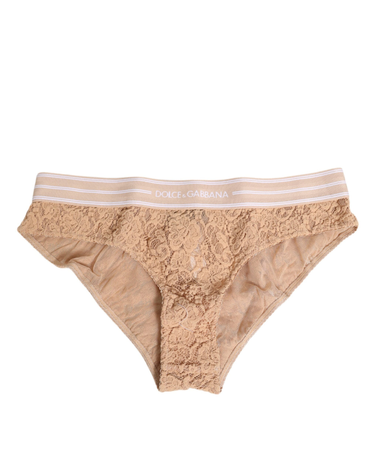 Dolce & Gabbana Beige Lace Brasiliano Höschen mit Logo-Bund Unterwäsche