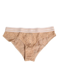 Dolce & Gabbana Beige Lace Brasiliano Höschen mit Logo-Bund Unterwäsche