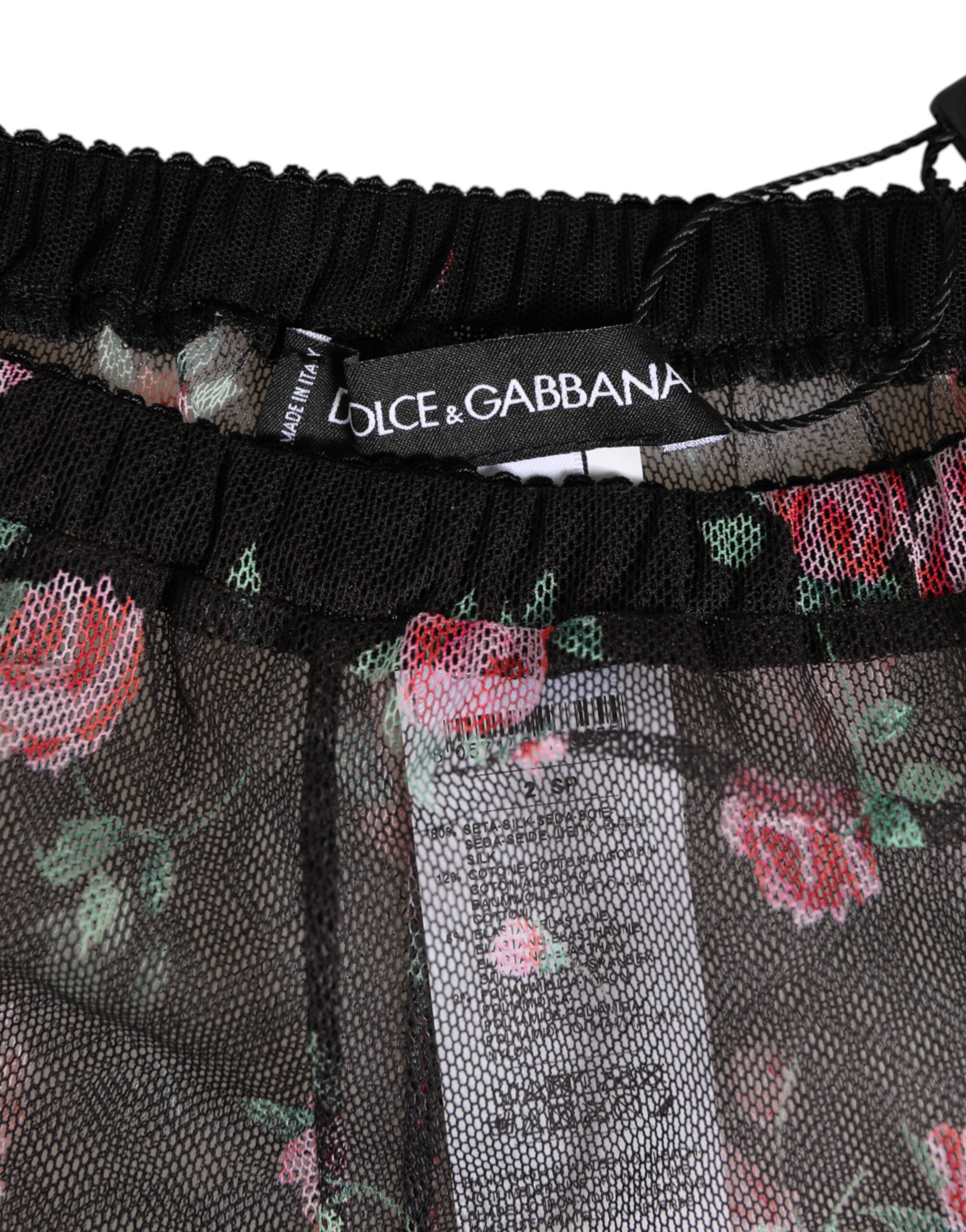 Dolce & Gabbana Schwarze Unterwäsche mit pinkfarbener Blumenstickerei und Netzstoff
