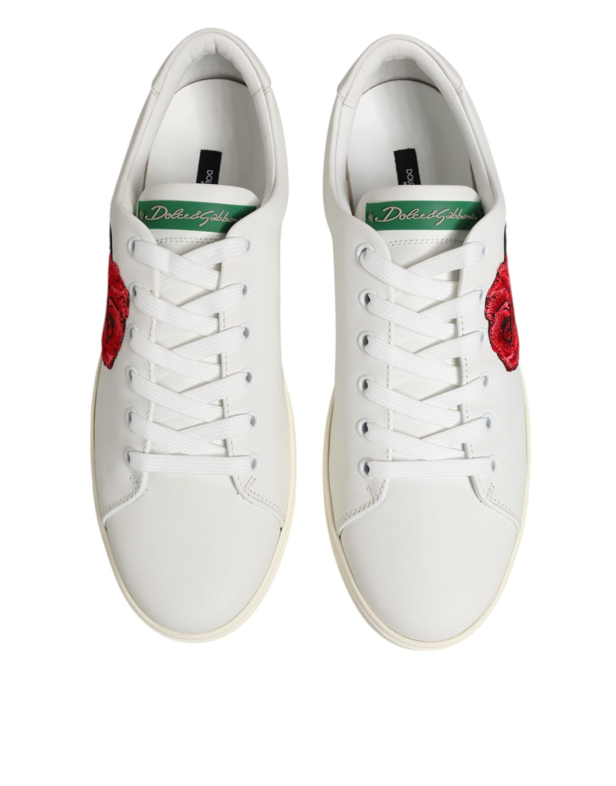 Dolce & Gabbana Weiße Leder-Low-Top-Schuhe mit Rosenstickerei