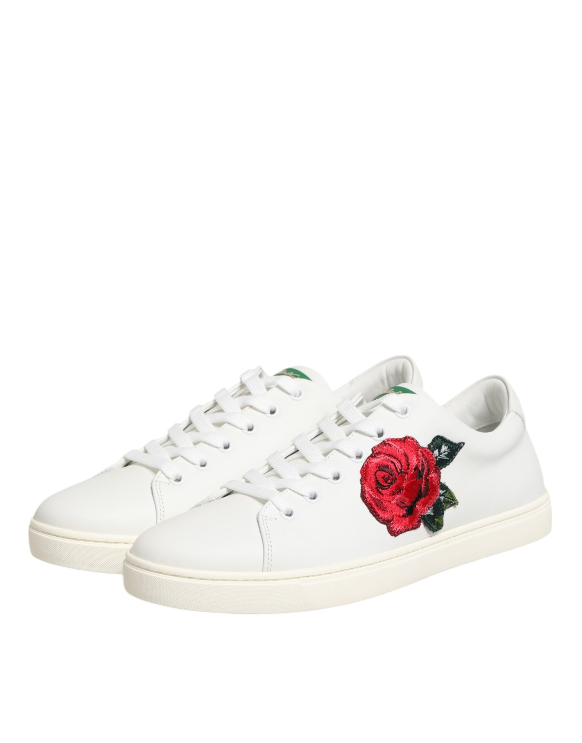 Dolce & Gabbana Weiße Leder-Low-Top-Schuhe mit Rosenstickerei