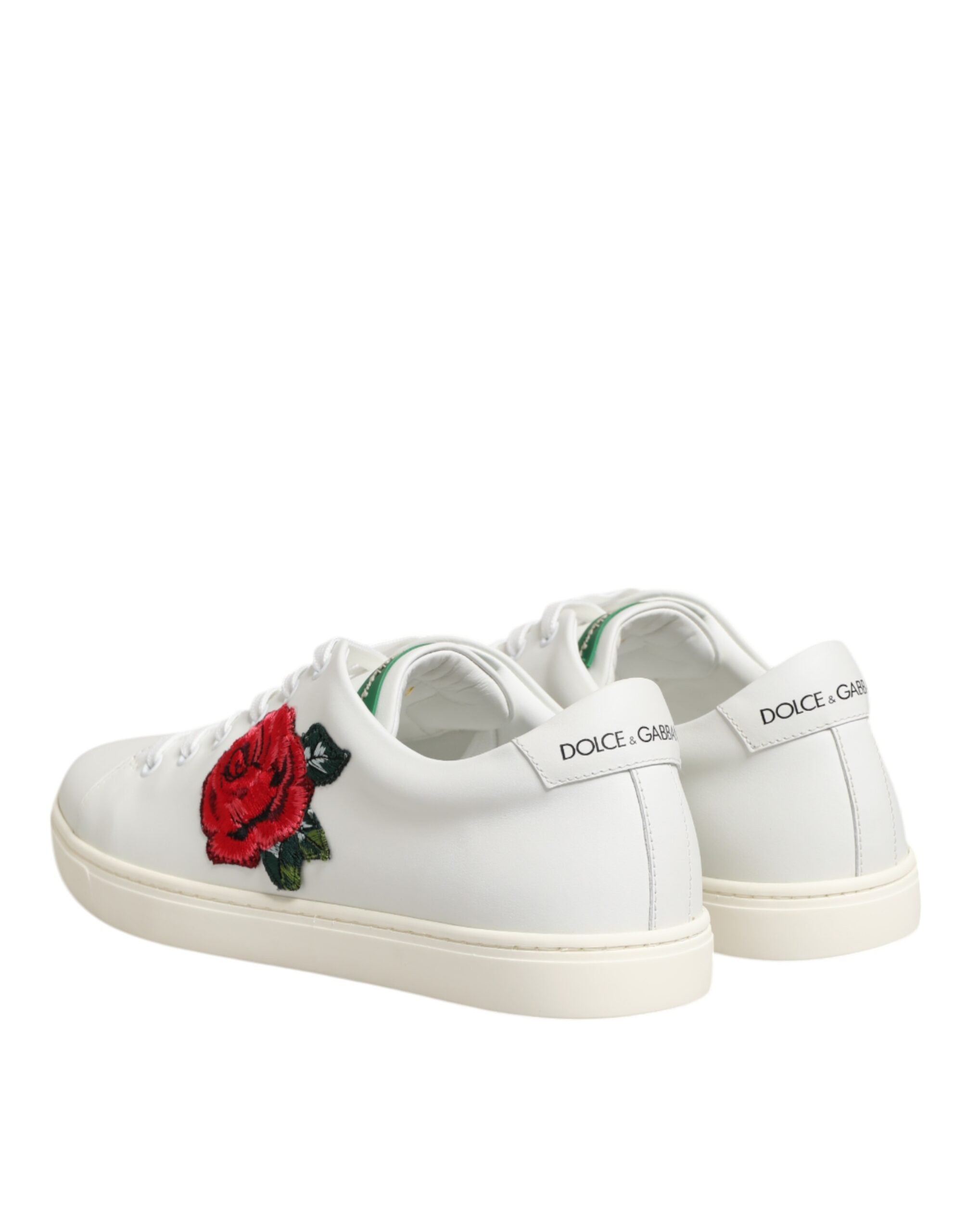 Dolce & Gabbana Weiße Leder-Low-Top-Schuhe mit Rosenstickerei