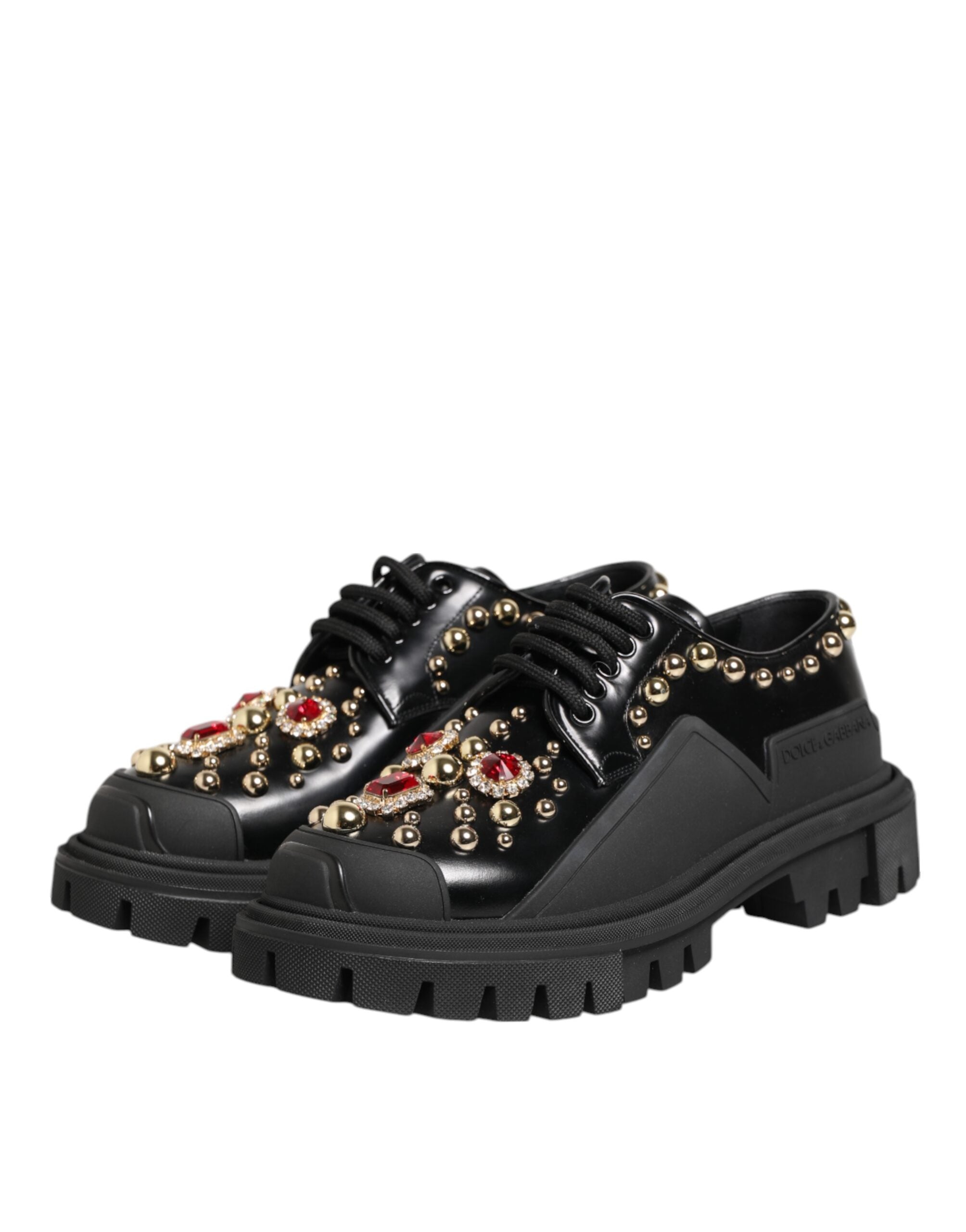 Dolce & Gabbana Schwarze Derby-Schuhe aus Leder mit Schmucksteinen