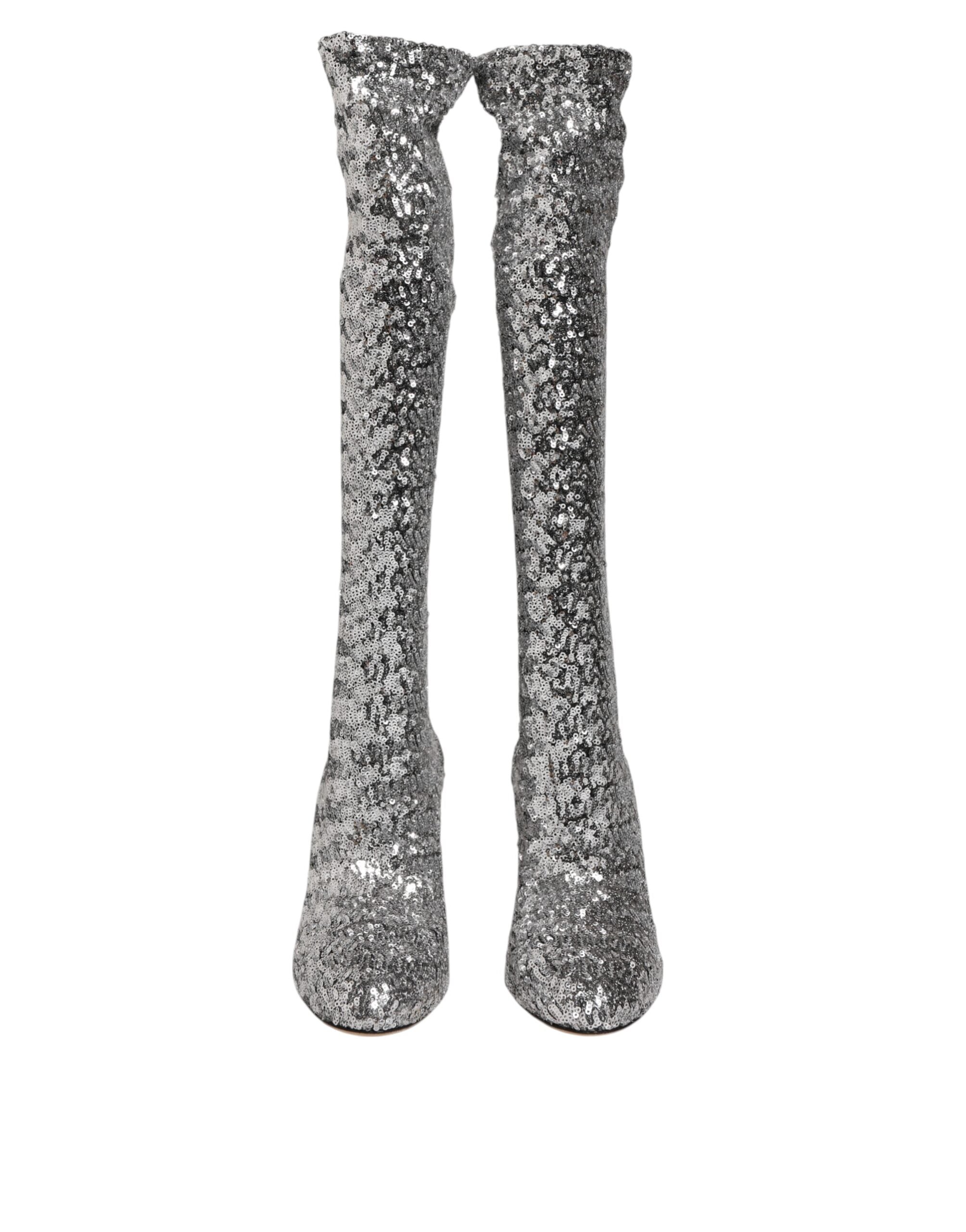 Dolce & Gabbana Schuhe Silber Pailletten Glitzer High Heel Stiefeletten Stiefel