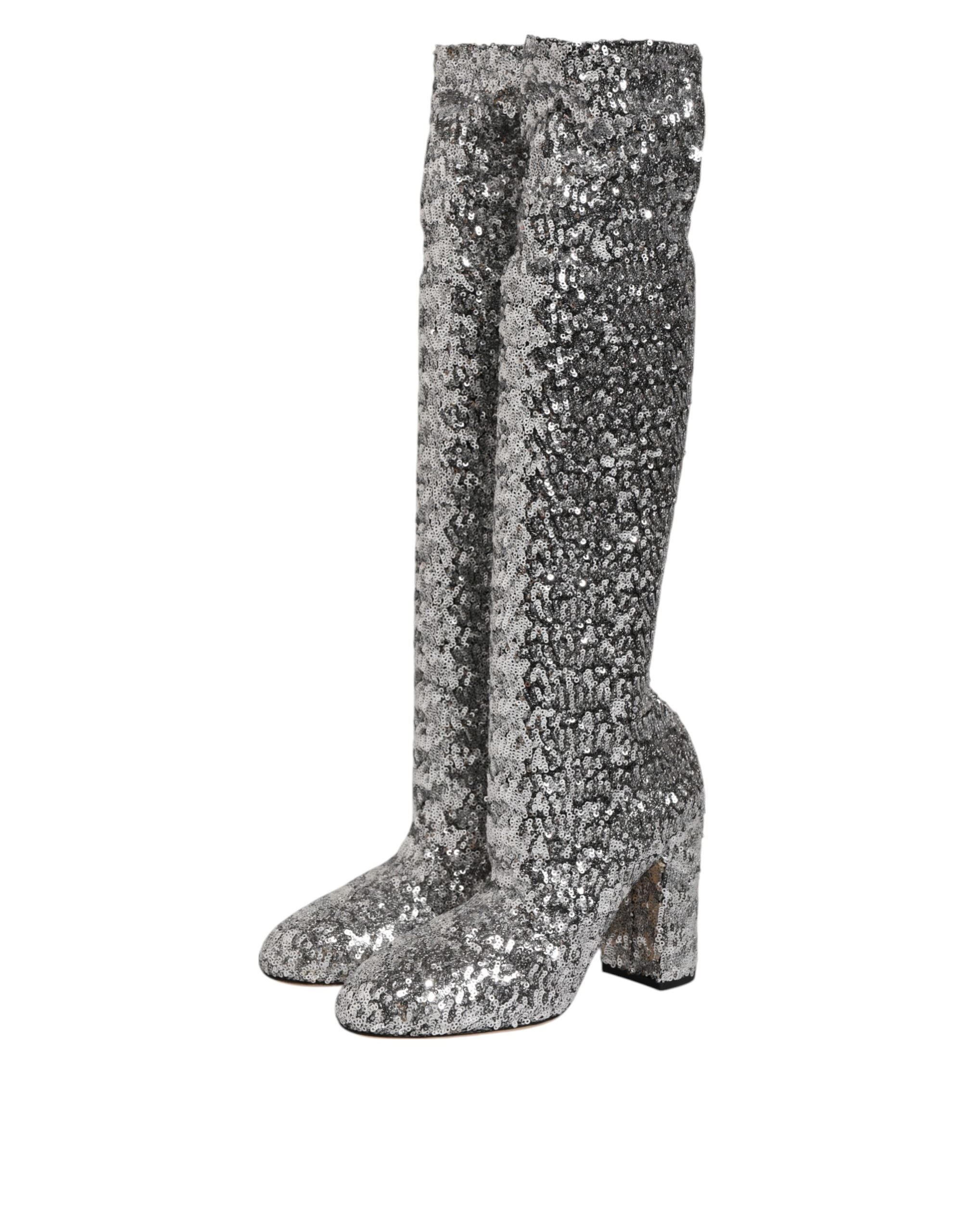 Dolce & Gabbana Schuhe Silber Pailletten Glitzer High Heel Stiefeletten Stiefel