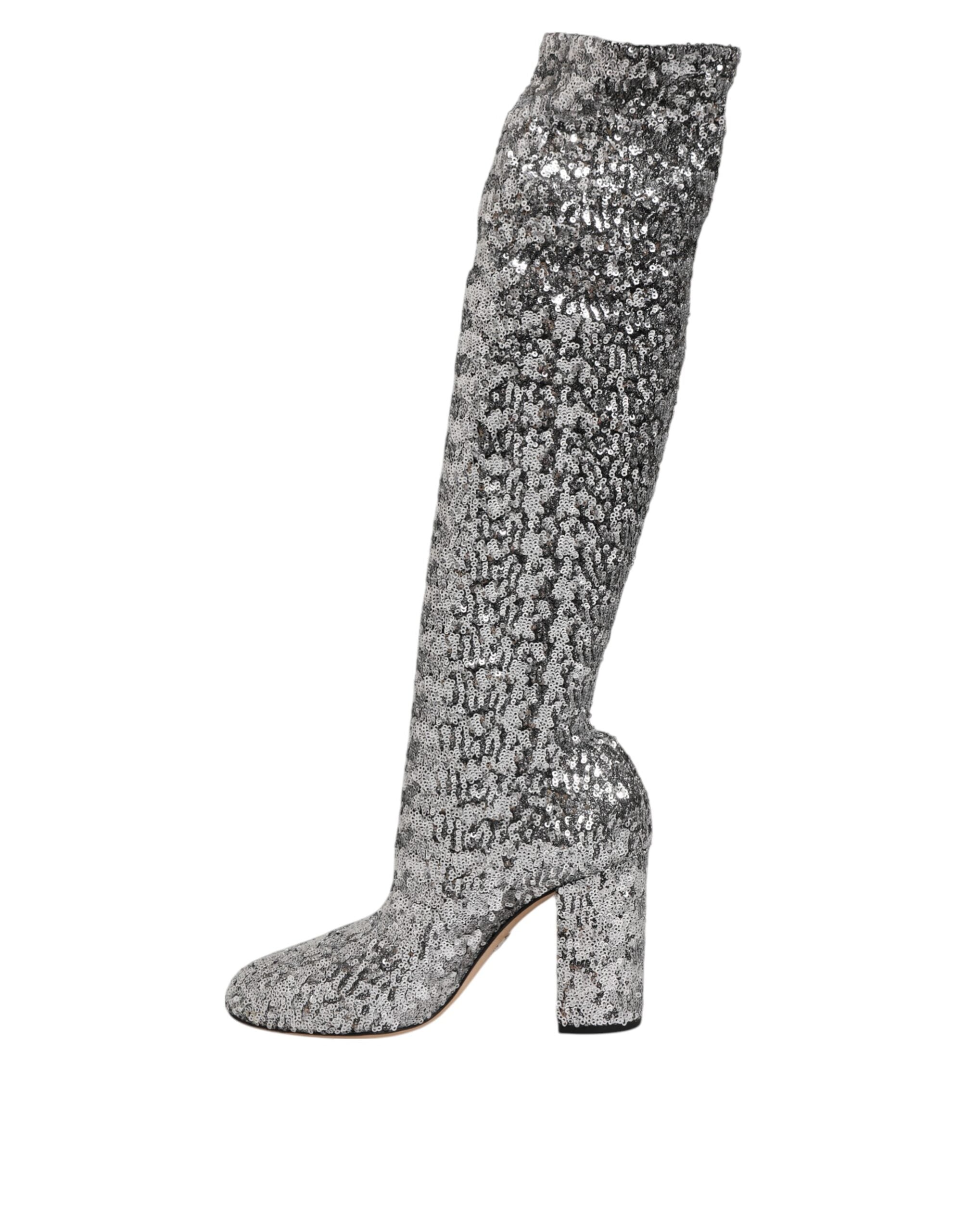 Dolce & Gabbana Schuhe Silber Pailletten Glitzer High Heel Stiefeletten Stiefel