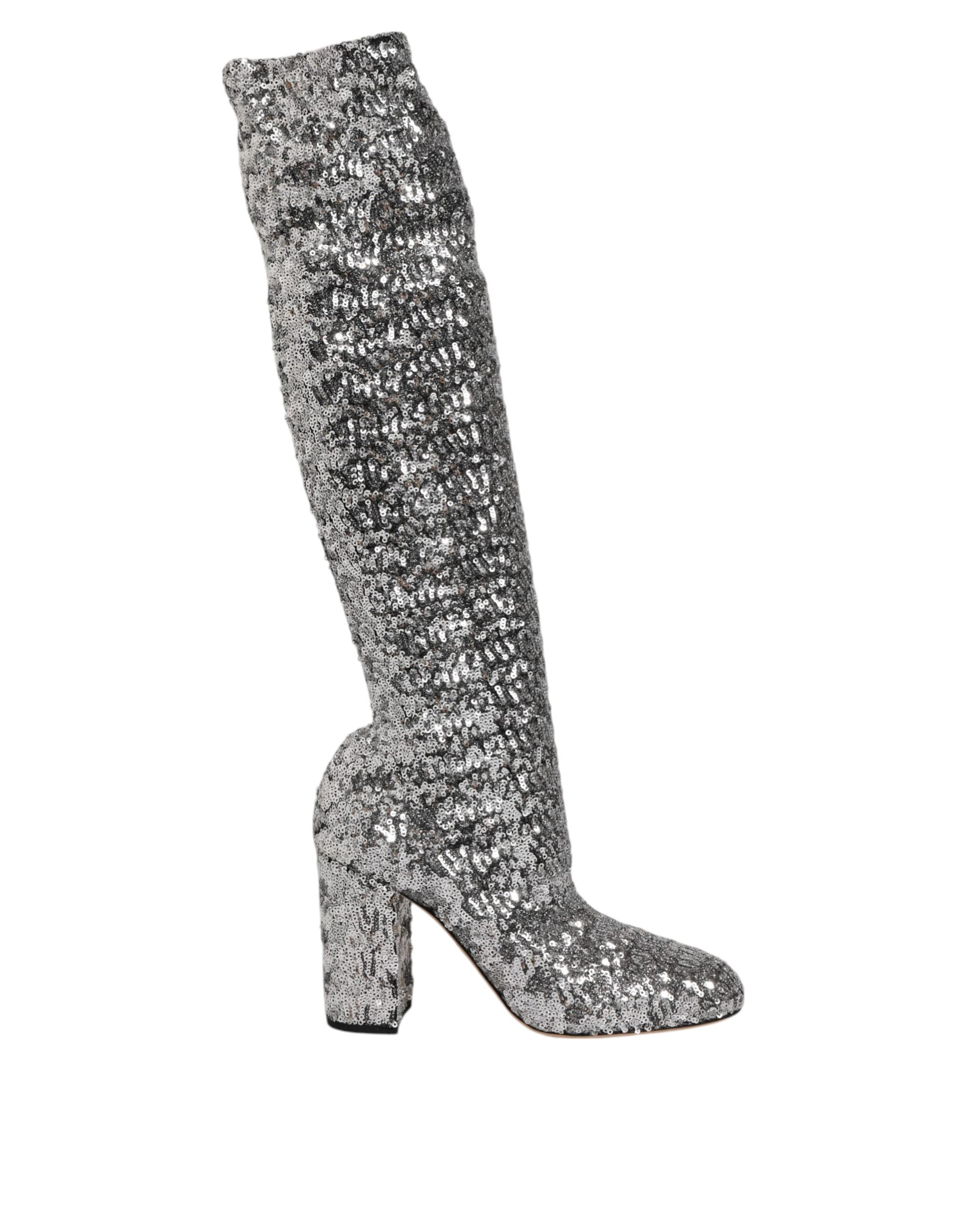 Dolce & Gabbana Schuhe Silber Pailletten Glitzer High Heel Stiefeletten Stiefel