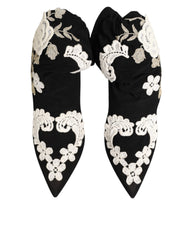 Dolce & Gabbana Schwarz-Weiß Bestickte Jersey Stiefel mit Stilettoabsatz