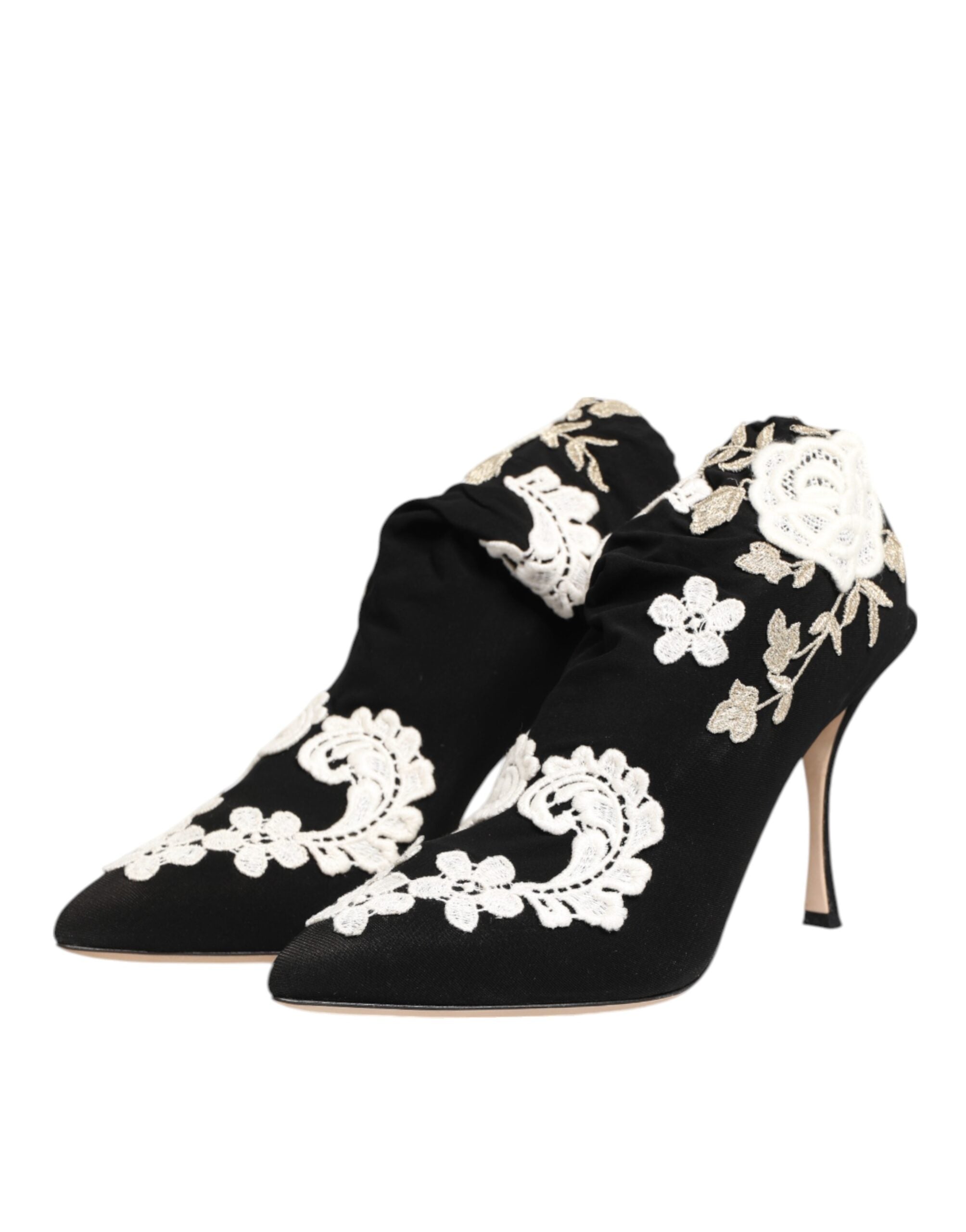 Dolce & Gabbana Schwarz-Weiß Bestickte Jersey Stiefel mit Stilettoabsatz