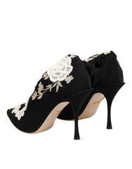 Dolce & Gabbana Schwarz-Weiß Bestickte Jersey Stiefel mit Stilettoabsatz