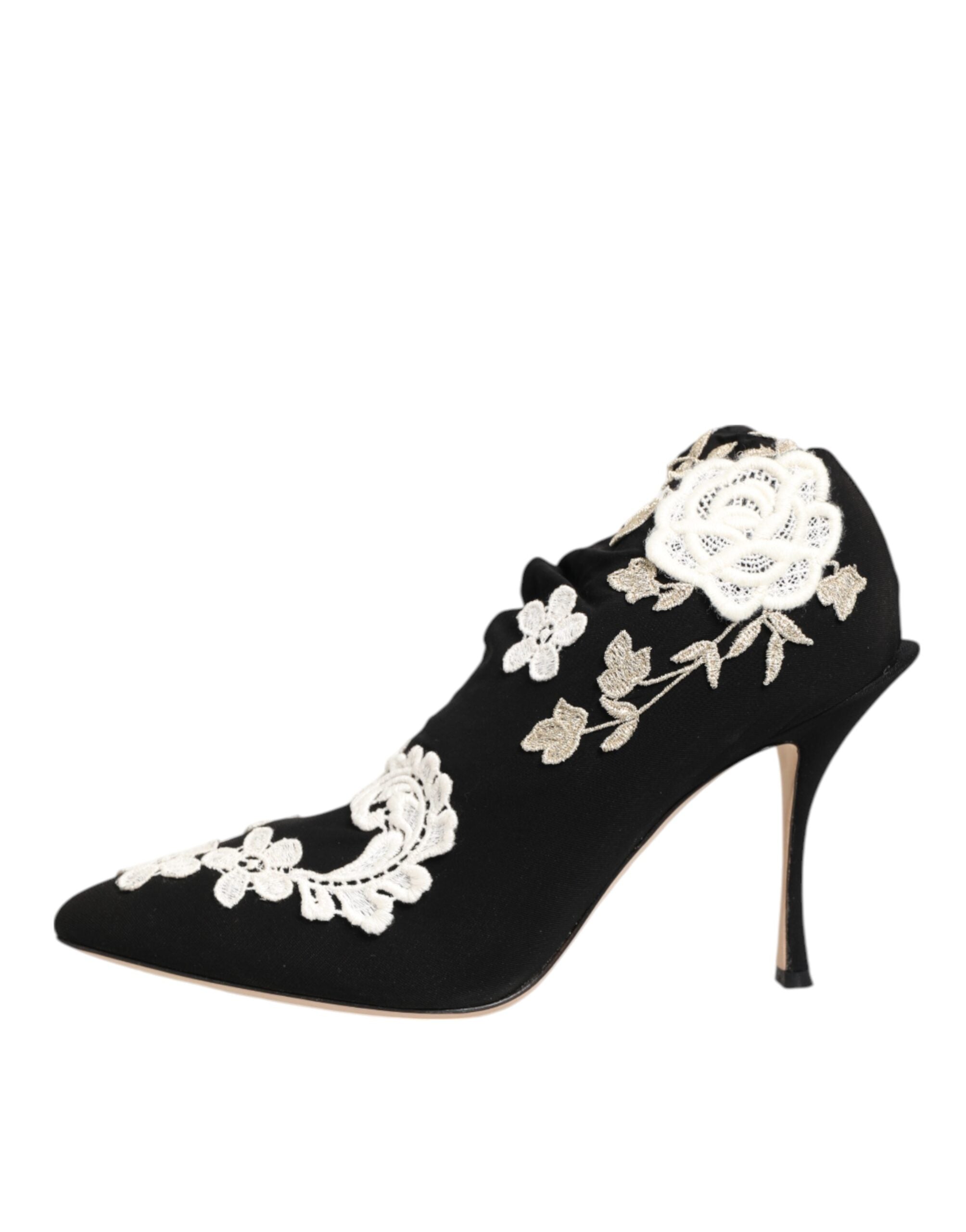 Dolce & Gabbana Schwarz-Weiß Bestickte Jersey Stiefel mit Stilettoabsatz