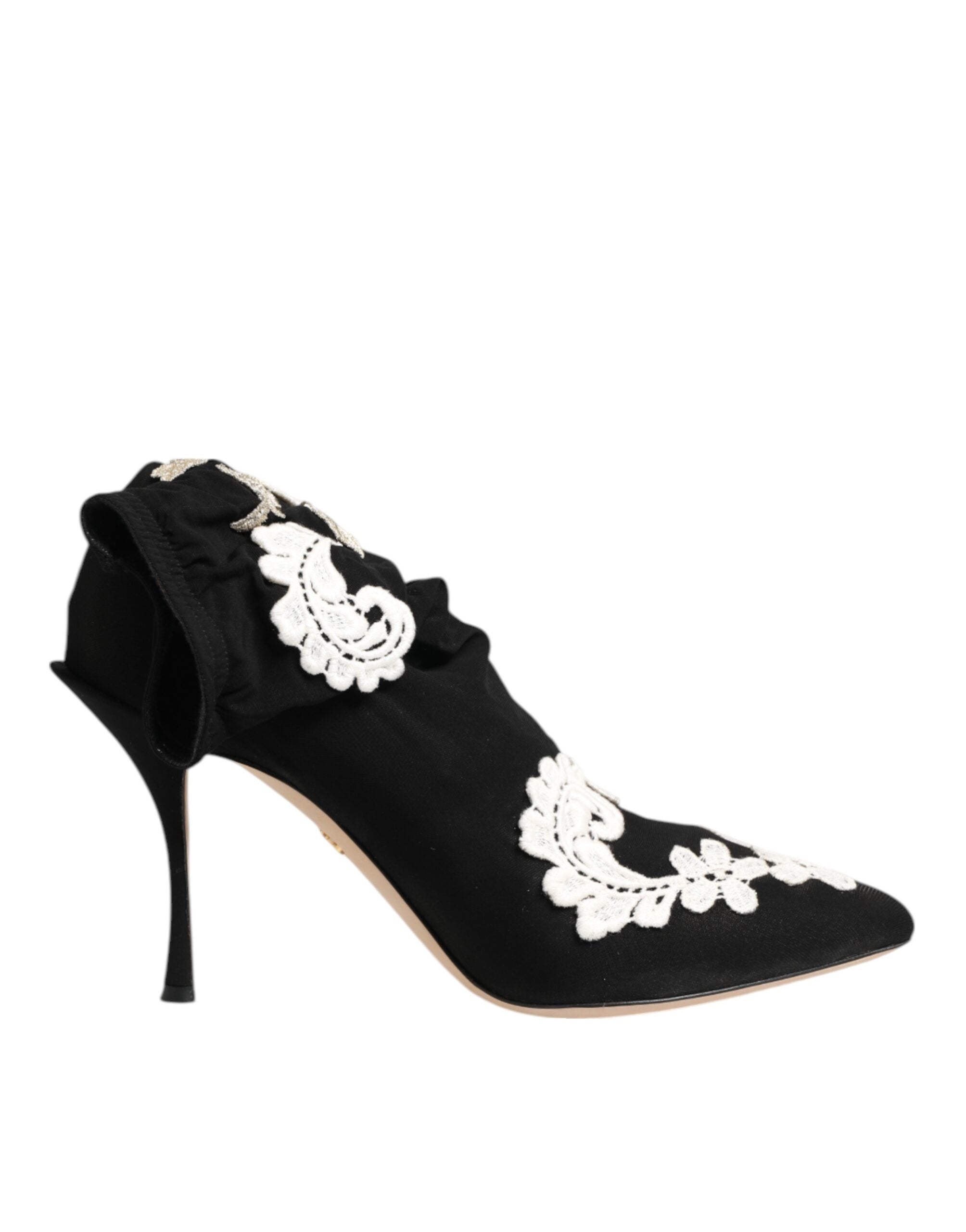 Dolce & Gabbana Schwarz-Weiß Bestickte Jersey Stiefel mit Stilettoabsatz
