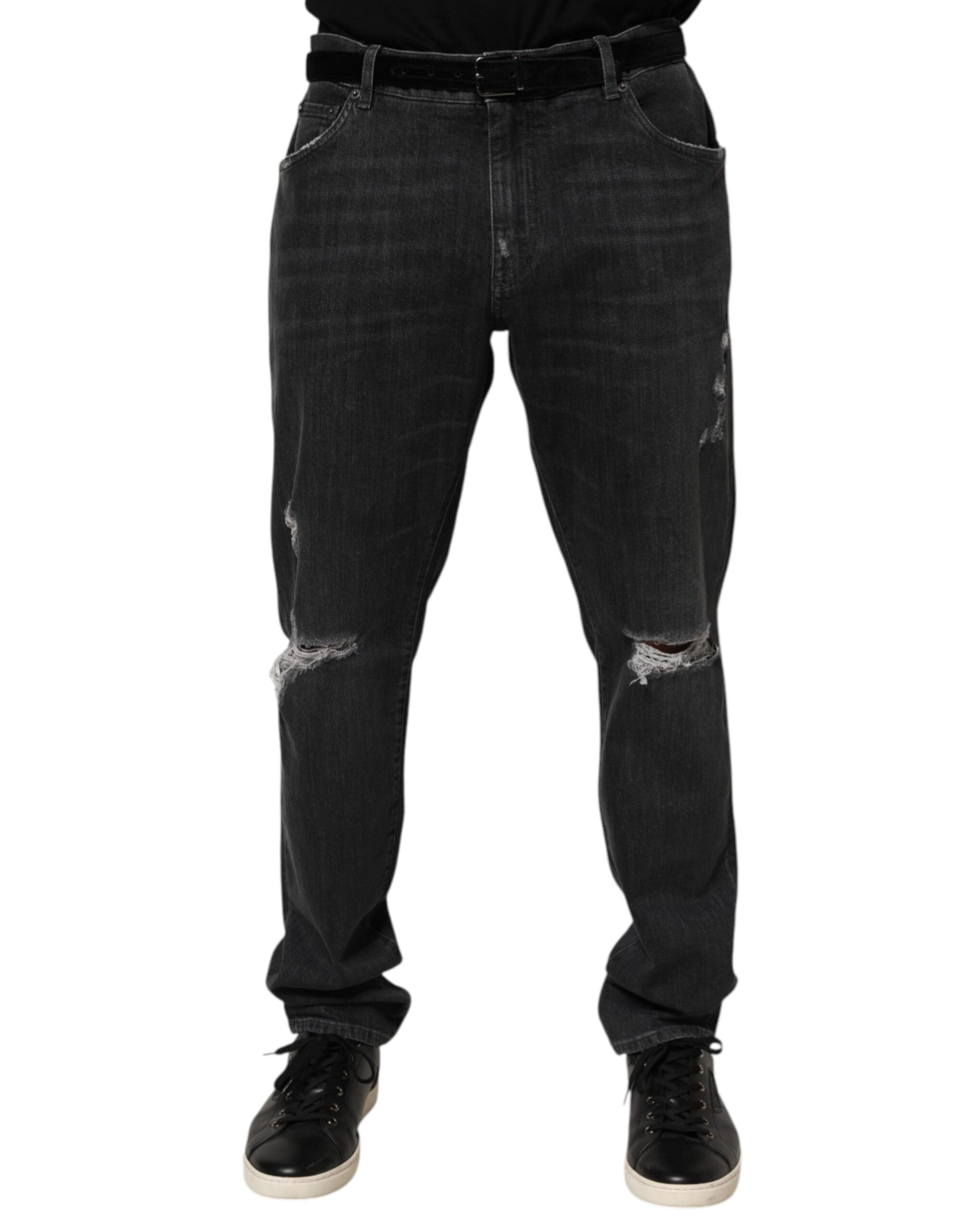 Dolce & Gabbana Schwarze Slim Fit Jeans aus Baumwolle mit Distressed-Effekten, Rissen und Logo