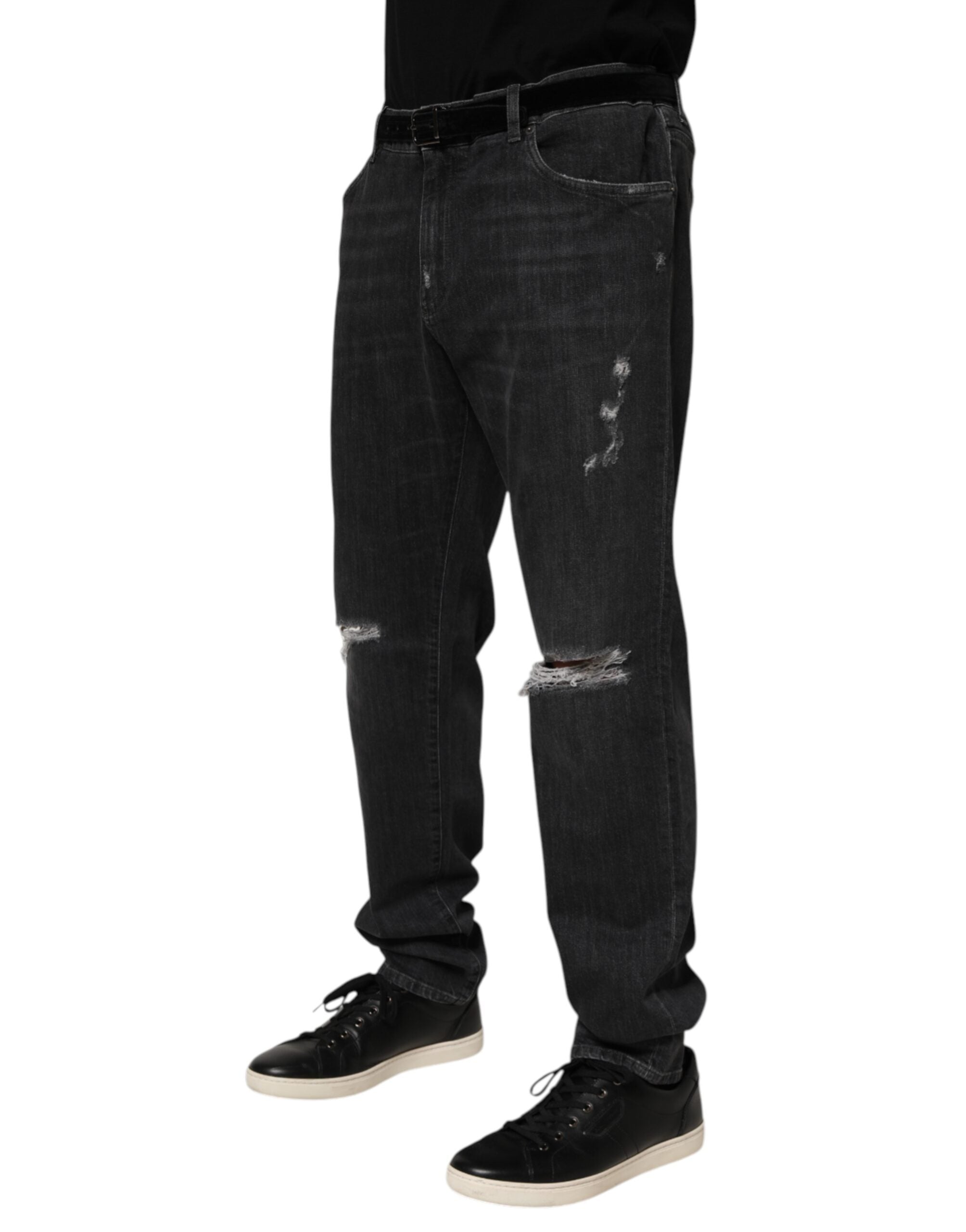 Dolce & Gabbana Schwarze Slim Fit Jeans aus Baumwolle mit Distressed-Effekten, Rissen und Logo