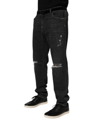 Dolce & Gabbana Schwarze Slim Fit Jeans aus Baumwolle mit Distressed-Effekten, Rissen und Logo