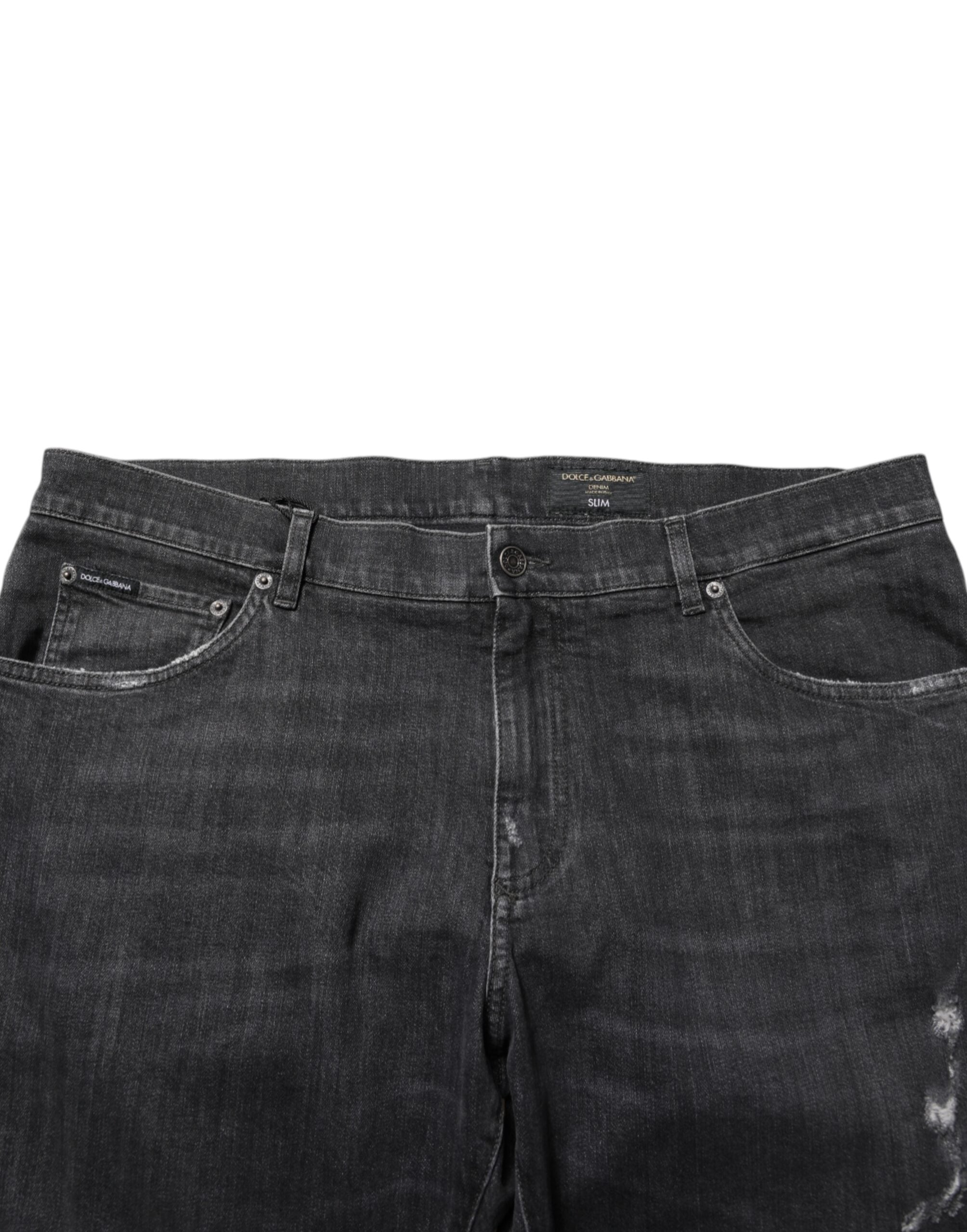 Dolce & Gabbana Schwarze Slim Fit Jeans aus Baumwolle mit Distressed-Effekten, Rissen und Logo