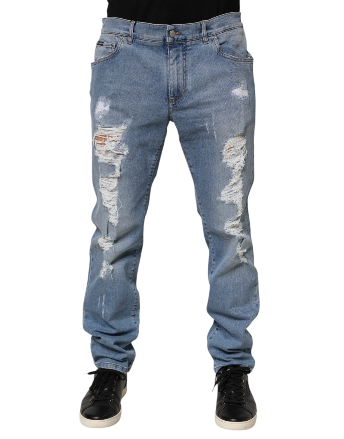 Dolce & Gabbana Blaue zerrissene Slim Fit Jeans aus Baumwoll-Denim