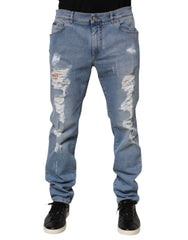 Dolce & Gabbana Blaue zerrissene Slim Fit Jeans aus Baumwoll-Denim