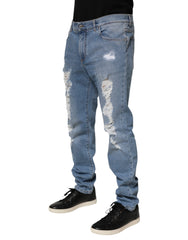 Dolce & Gabbana Blaue zerrissene Slim Fit Jeans aus Baumwoll-Denim