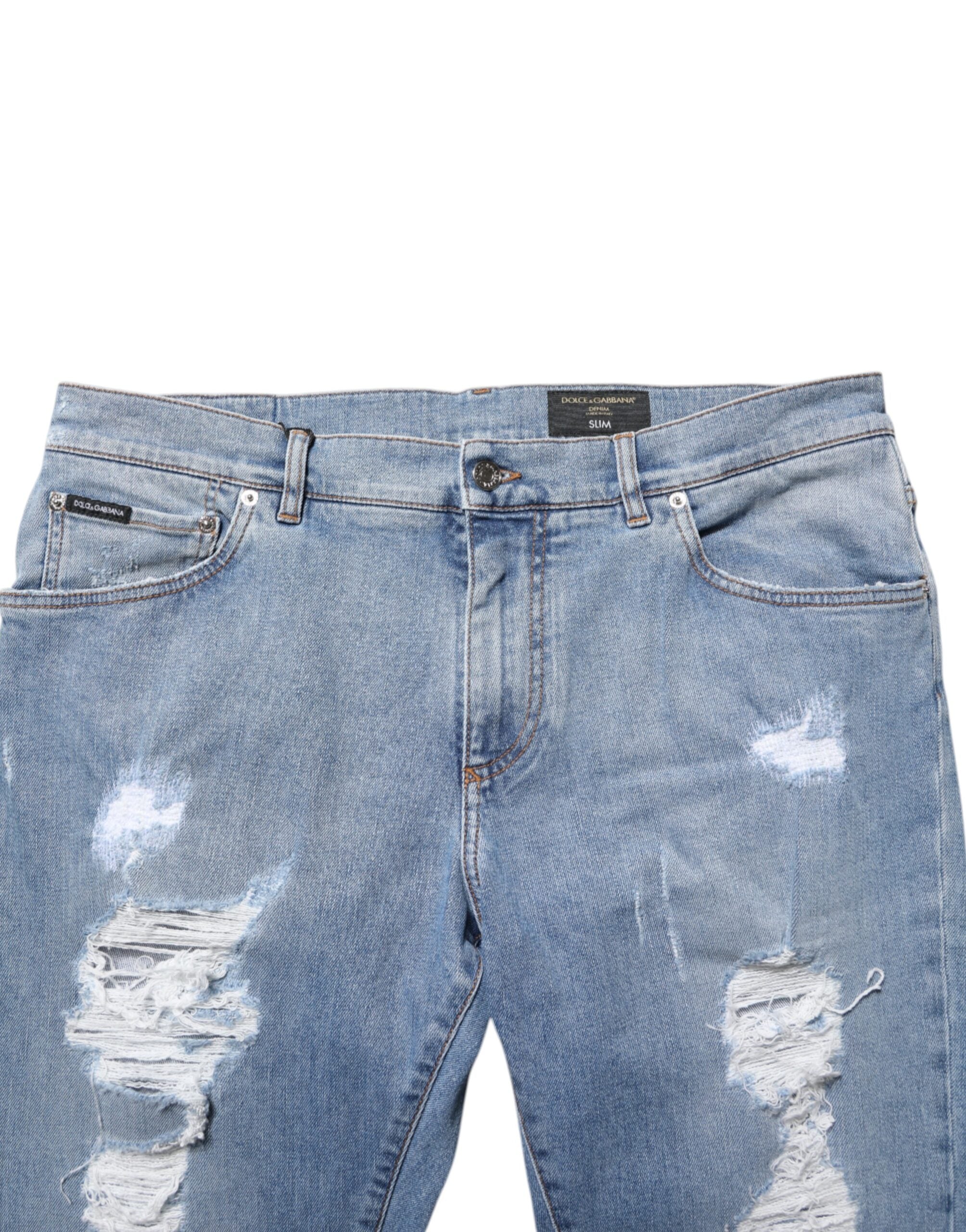 Dolce & Gabbana Blaue zerrissene Slim Fit Jeans aus Baumwoll-Denim
