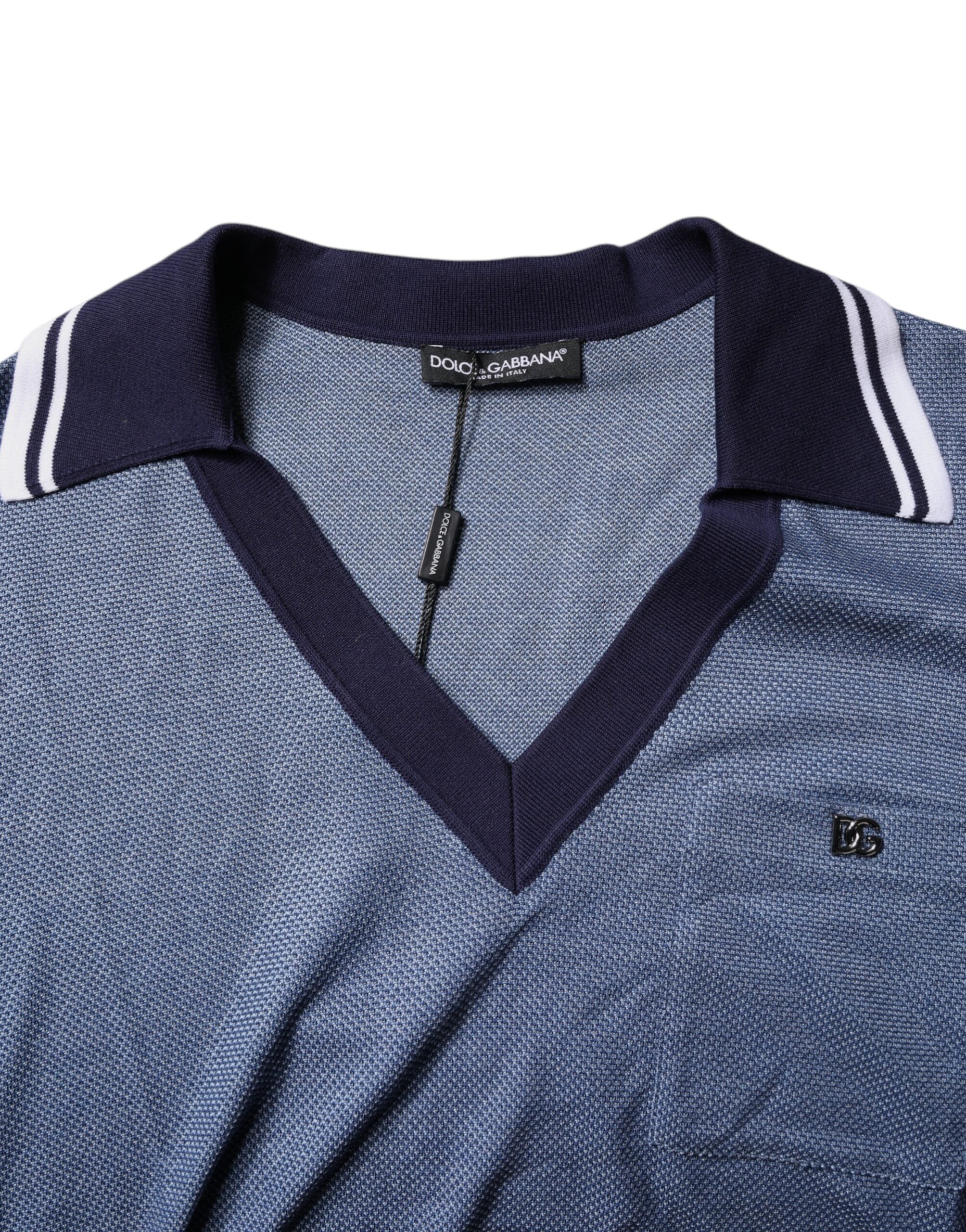 Dolce & Gabbana Blauwe V-hals Polo T-shirt van Zijdemix met Kraag