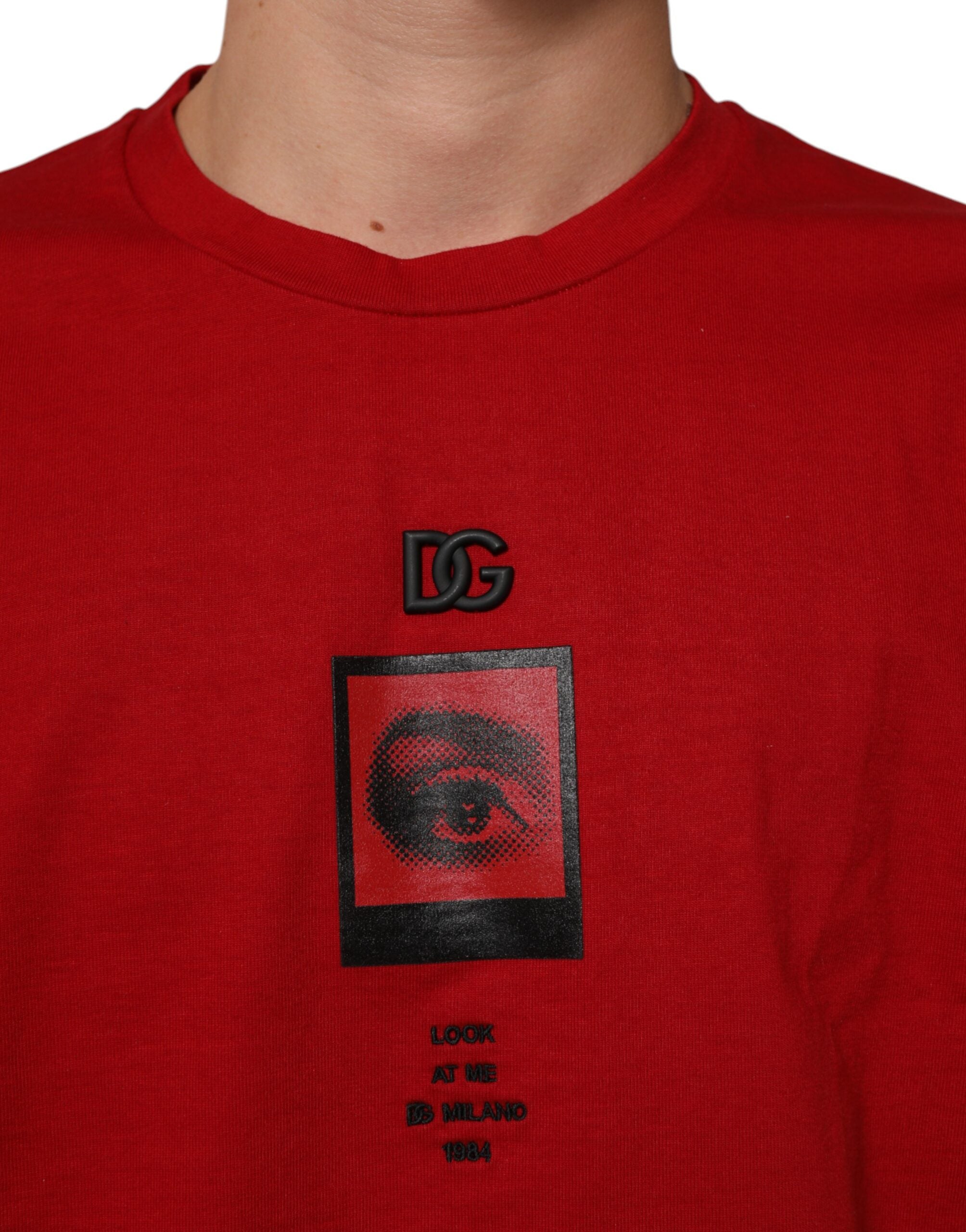 Dolce & Gabbana Rotes Logo Eye Print Baumwoll-T-Shirt mit kurzen Ärmeln