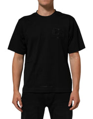 Dolce & Gabbana Schwarzes Baumwoll-Herren-T-Shirt mit Logo-Patch und Rundhalsausschnitt