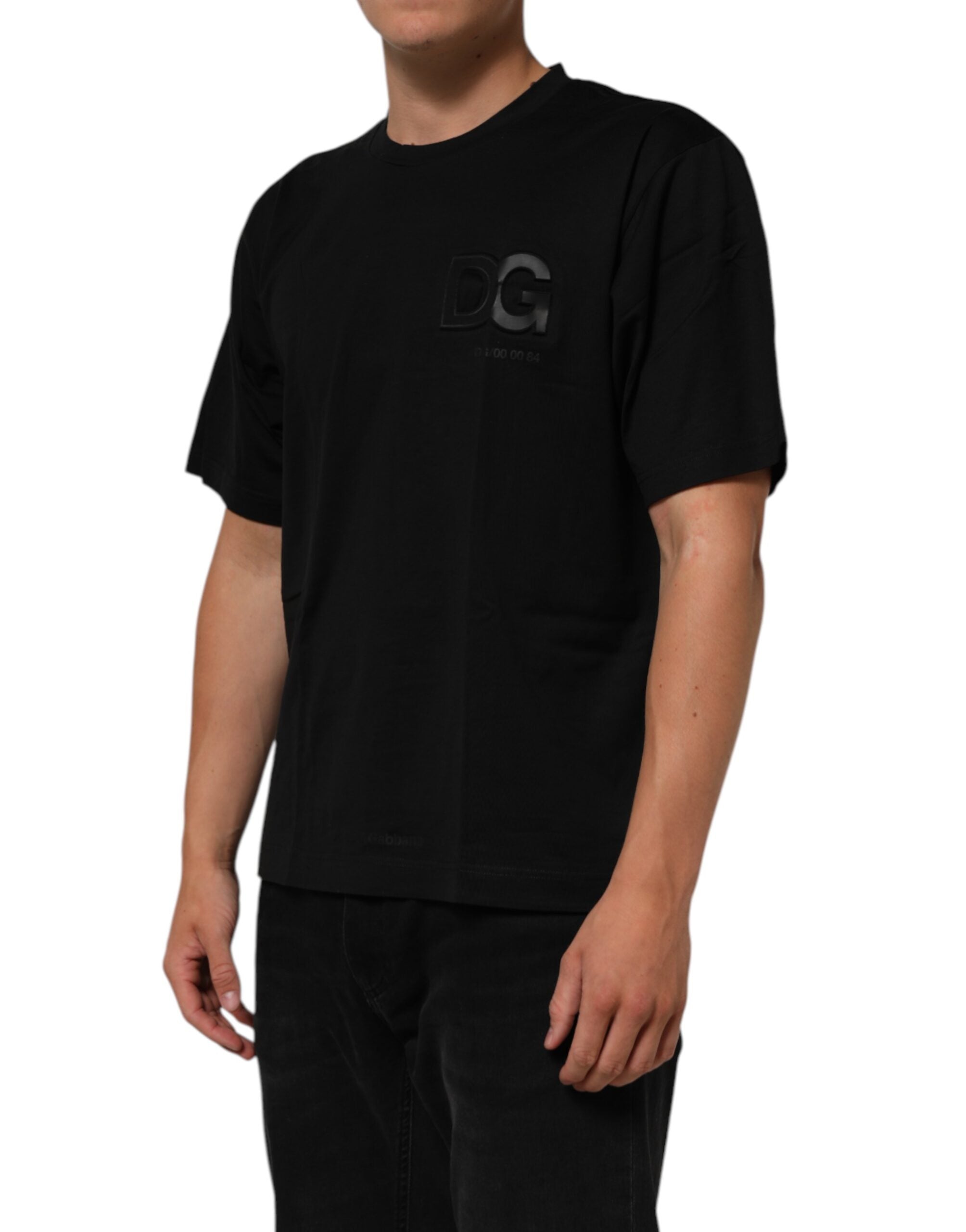 Dolce & Gabbana Schwarzes Baumwoll-Herren-T-Shirt mit Logo-Patch und Rundhalsausschnitt