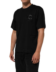 Dolce & Gabbana Schwarzes Baumwoll-Herren-T-Shirt mit Logo-Patch und Rundhalsausschnitt