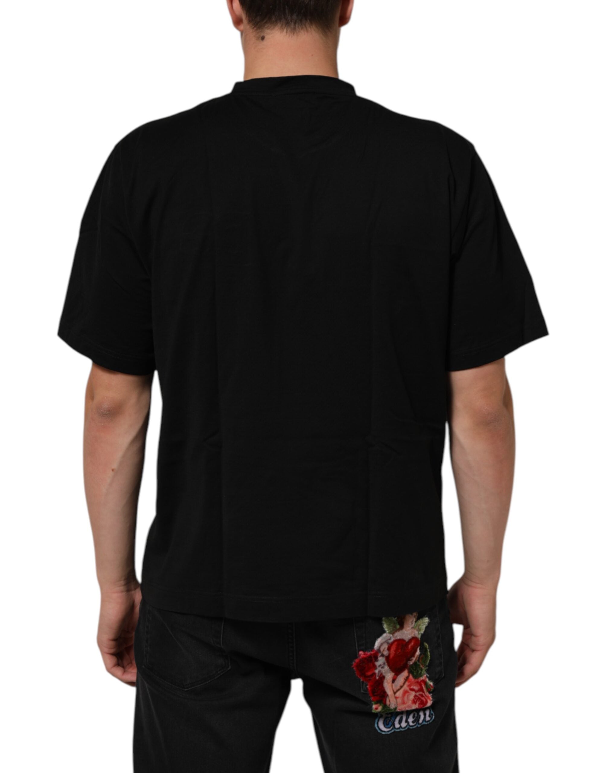 Dolce & Gabbana Schwarzes Baumwoll-Herren-T-Shirt mit Logo-Patch und Rundhalsausschnitt