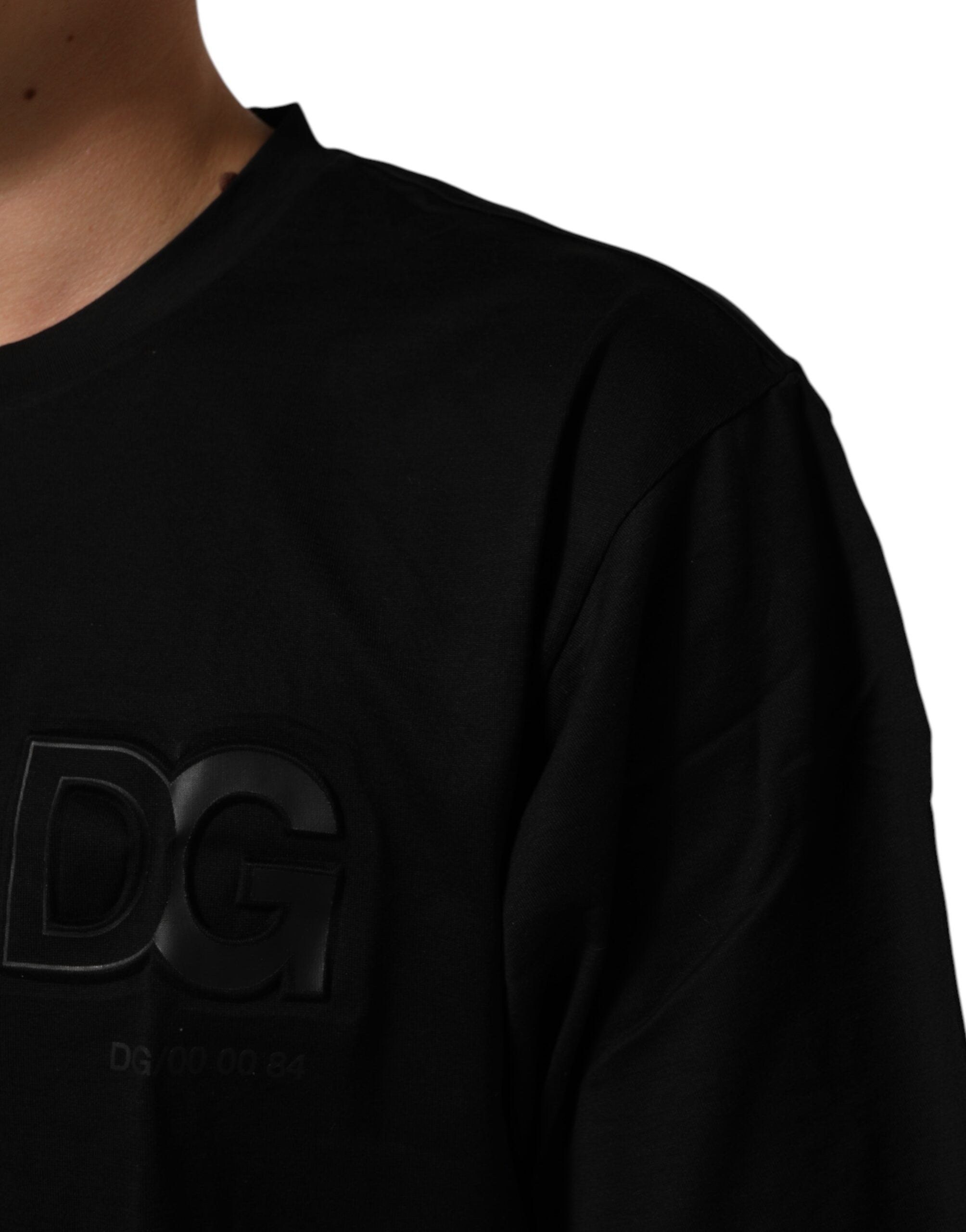 Dolce & Gabbana Schwarzes Baumwoll-Herren-T-Shirt mit Logo-Patch und Rundhalsausschnitt