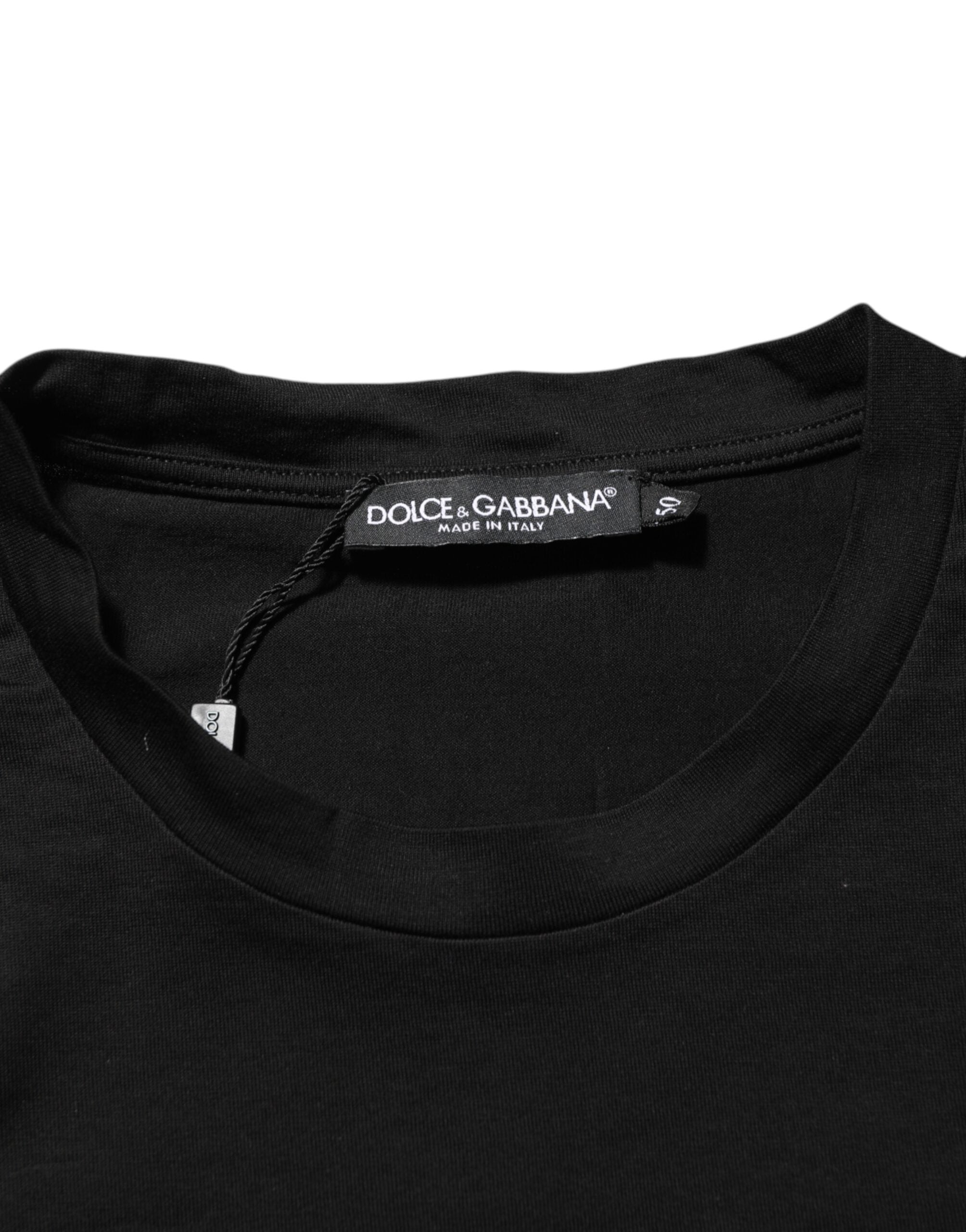 Dolce & Gabbana Schwarzes Baumwoll-Herren-T-Shirt mit Logo-Patch und Rundhalsausschnitt